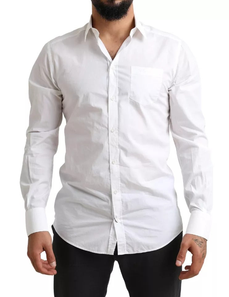 Men's white cotton tuxedo dress shirt with gold accents