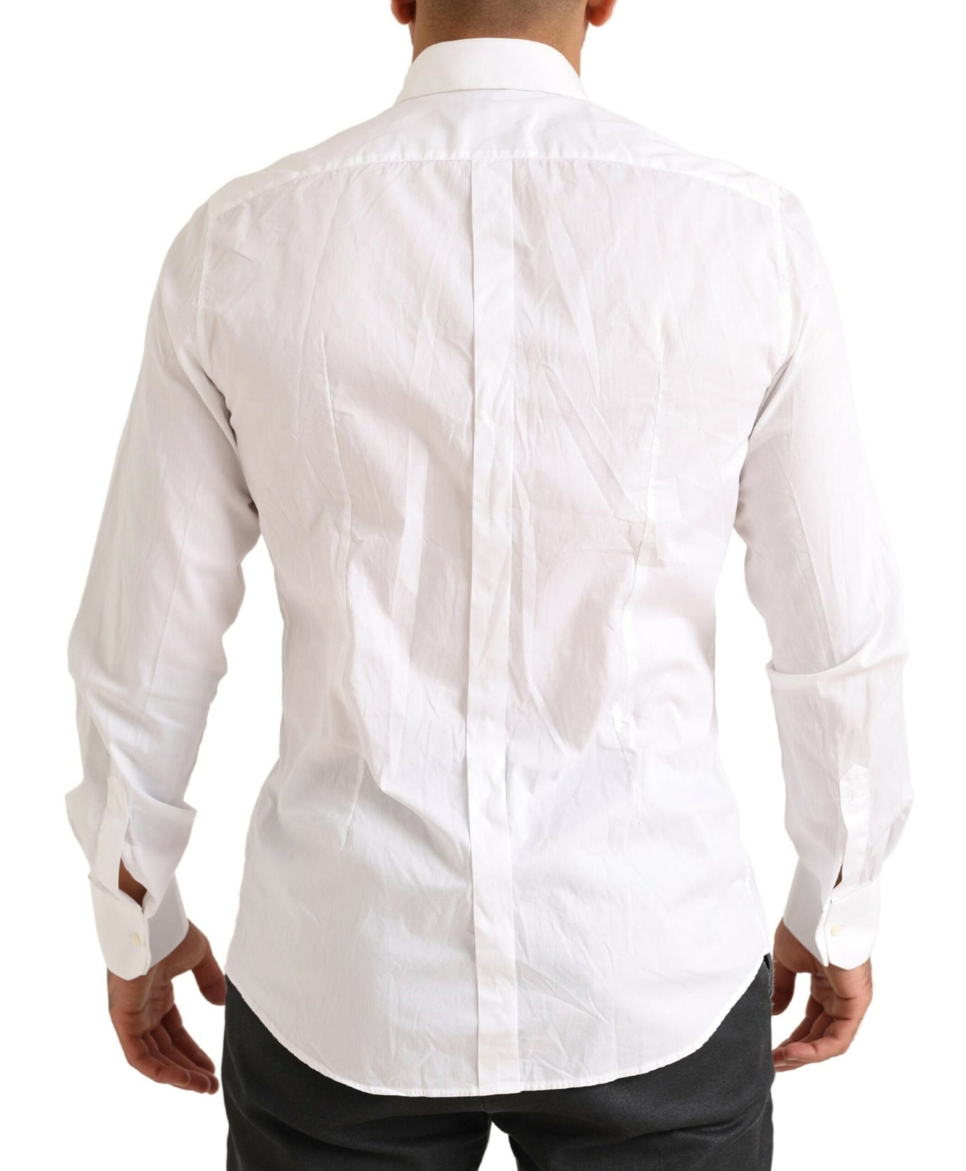 A white cotton tuxedo dress shirt with a gold pattern on the back