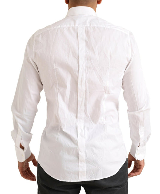A white cotton tuxedo dress shirt with a gold pattern on the back