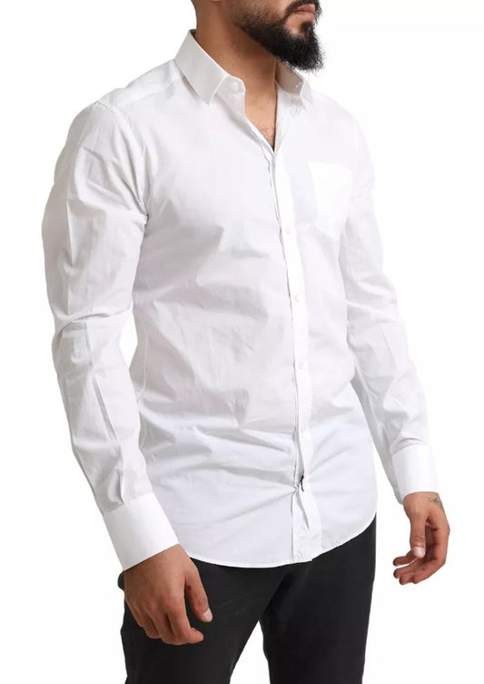 A white cotton tuxedo dress shirt with a gold collar and cuffs