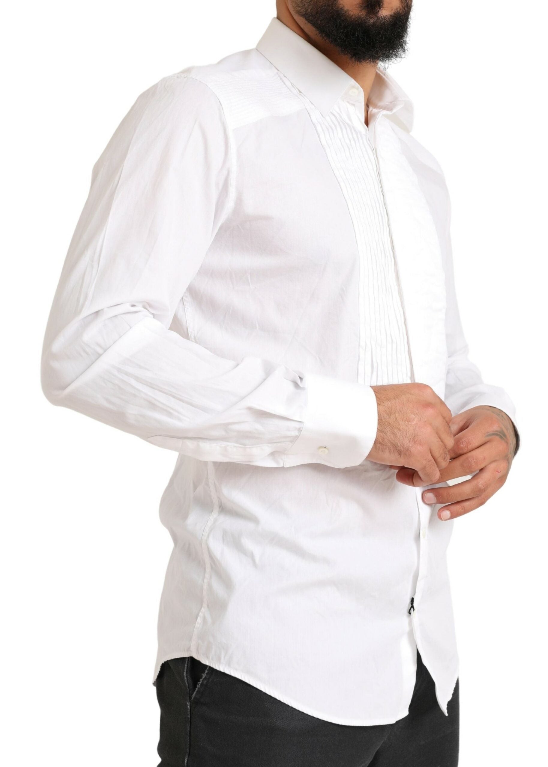 A white cotton tuxedo dress shirt with gold accents, featuring a collar and long sleeves