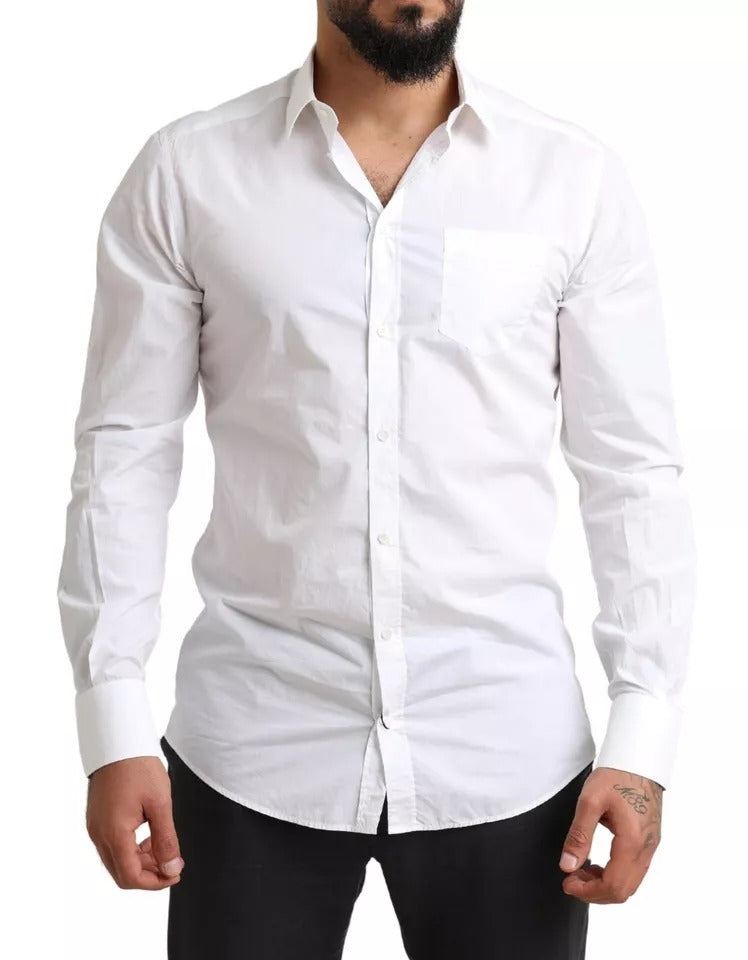 Men's white cotton tuxedo dress shirt with gold accents
