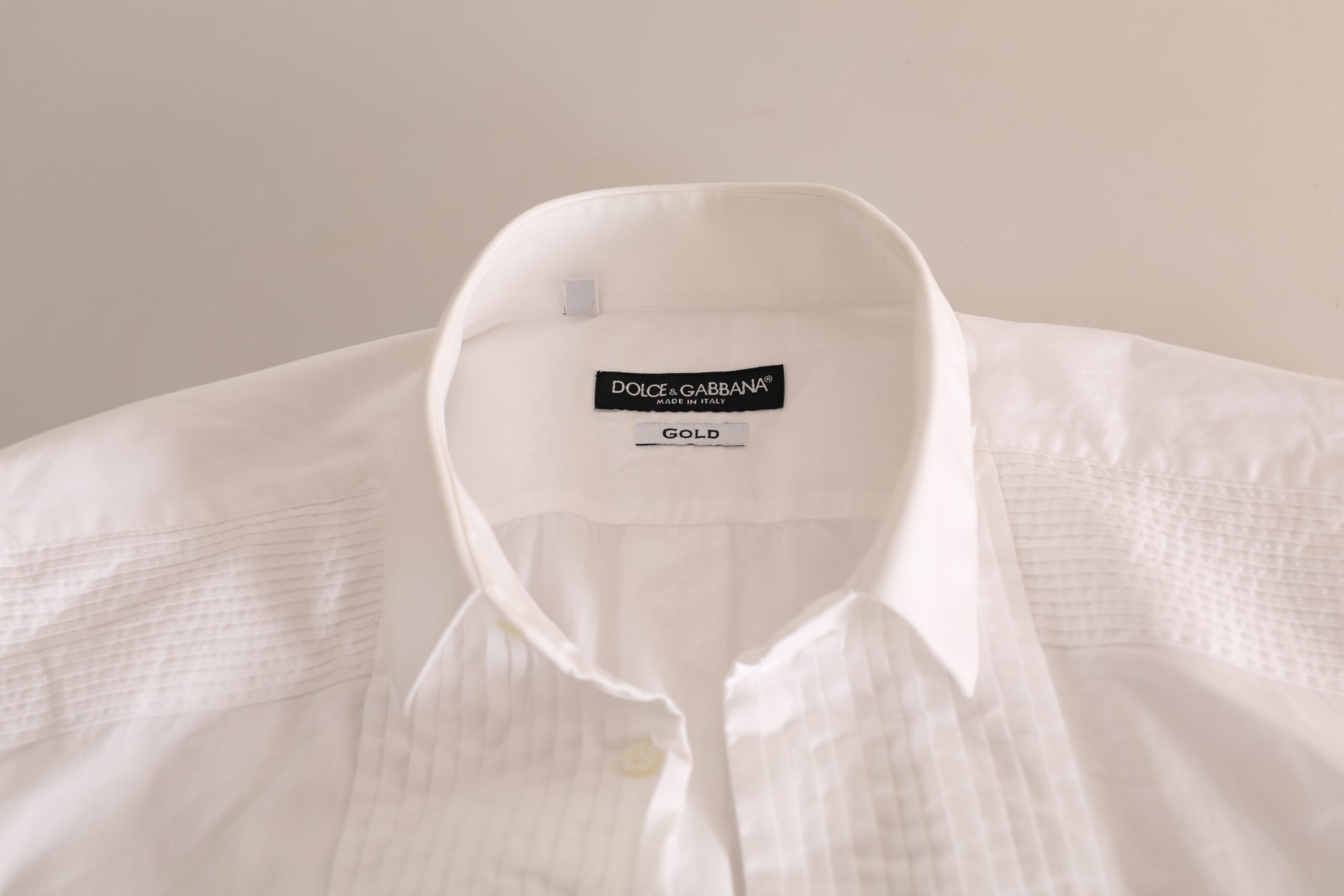 White cotton tuxedo dress shirt with gold label from Dolce & Gabbana