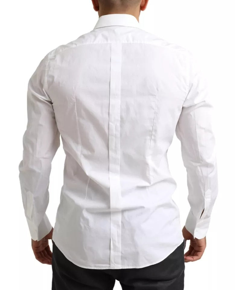 White cotton tuxedo dress shirt with gold accents, back view