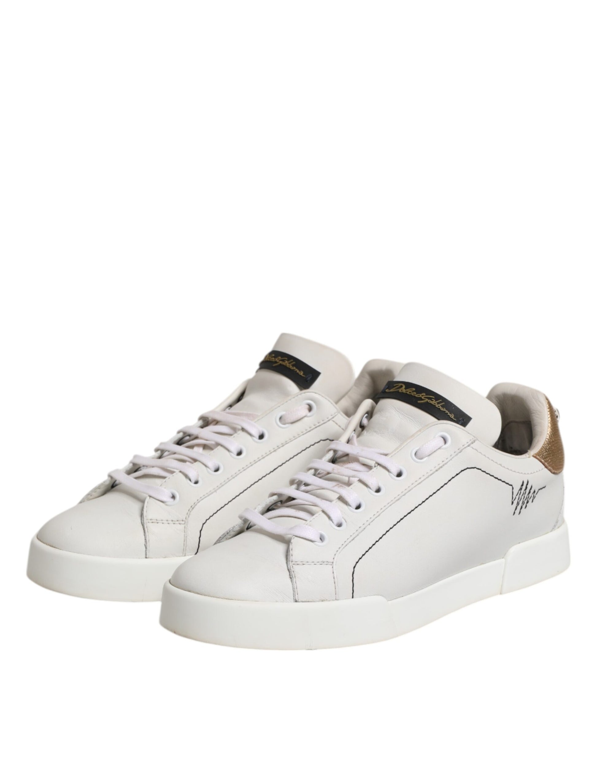 White sneakers with black laces and a logo on the side