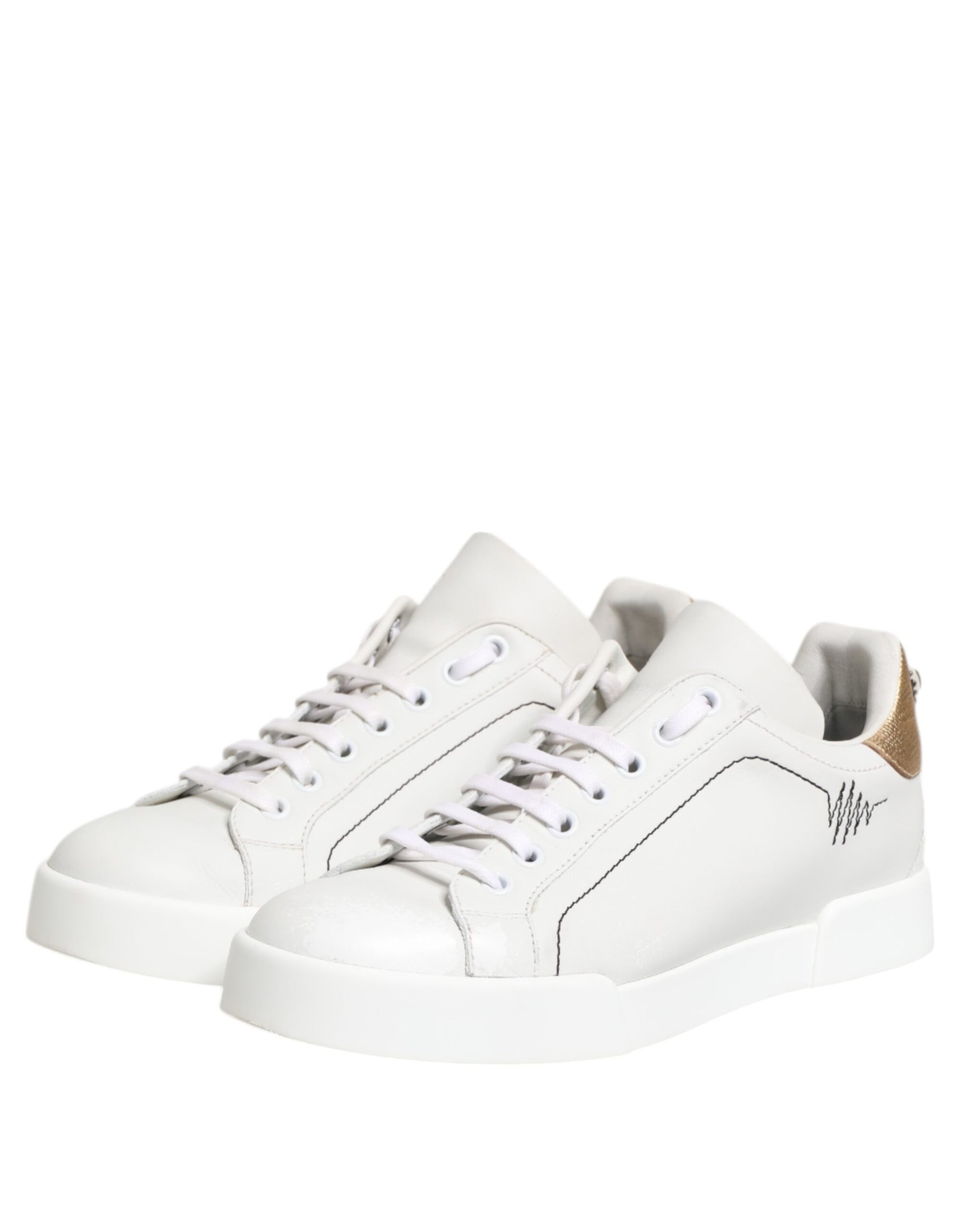 White gold leather low top sneakers with laces and logo on side