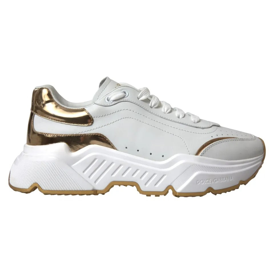 White gold leather men's sneakers with laces, featuring a logo on the side