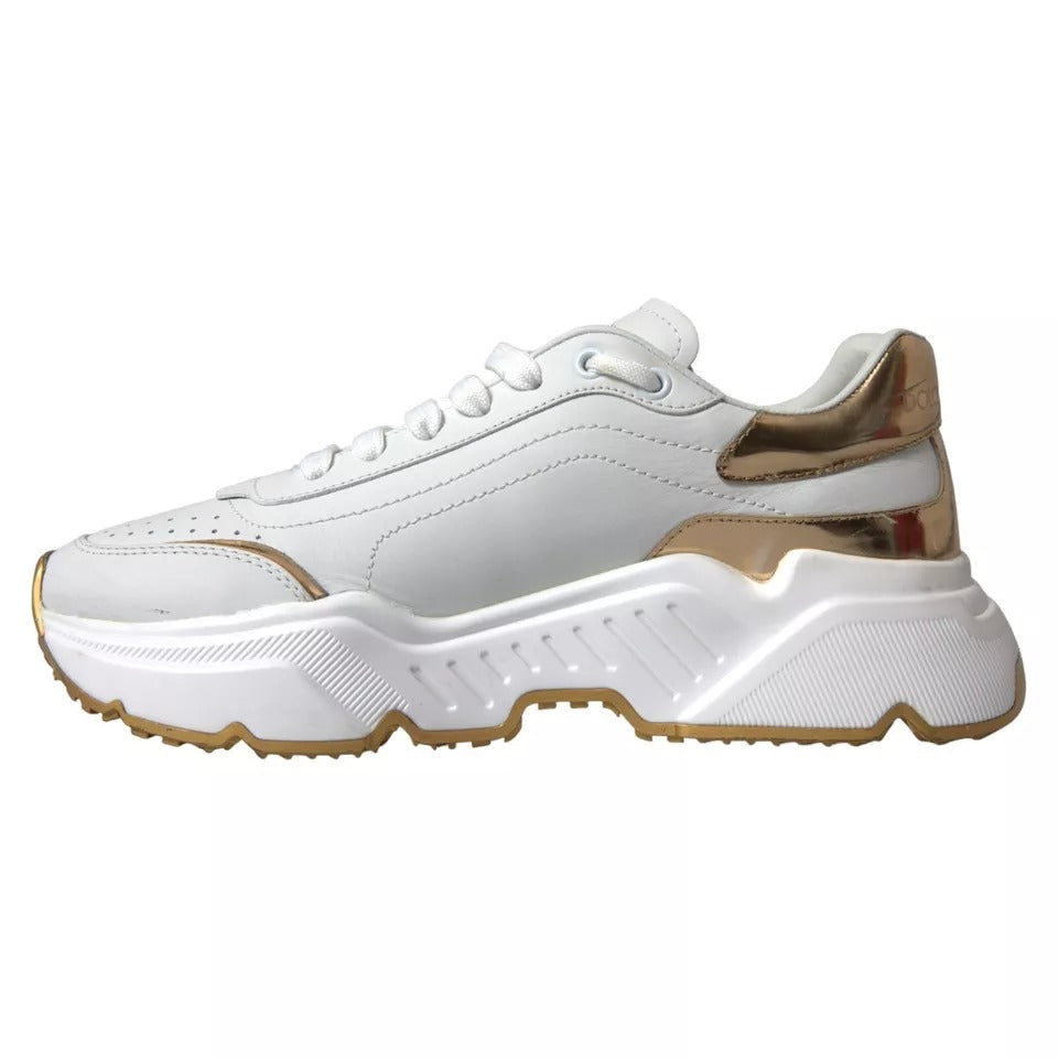 White gold leather men's sneakers with laces, featuring a chunky sole and a logo on the side