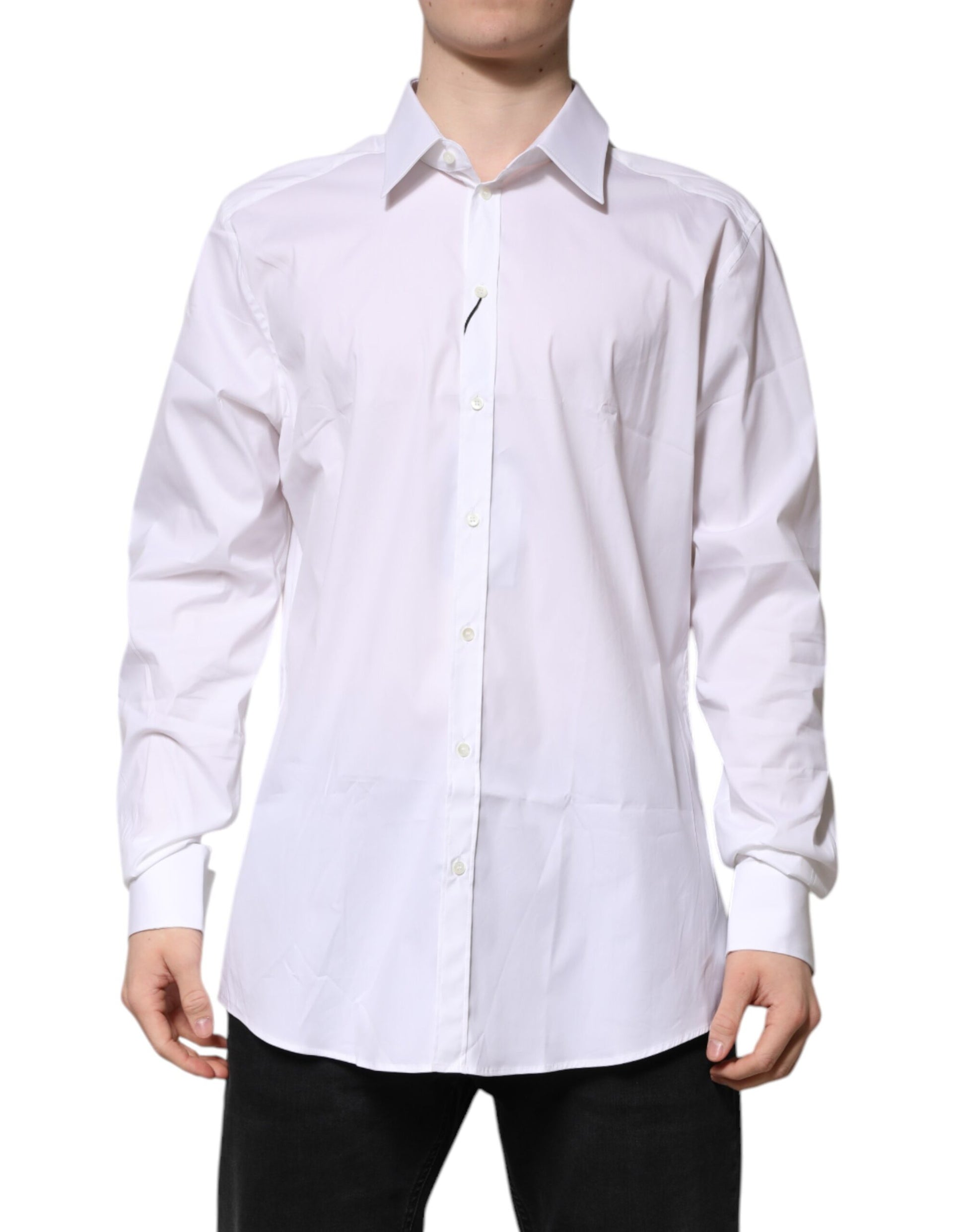 A long sleeved white dress shirt with gold accents, designed for men's formal wear