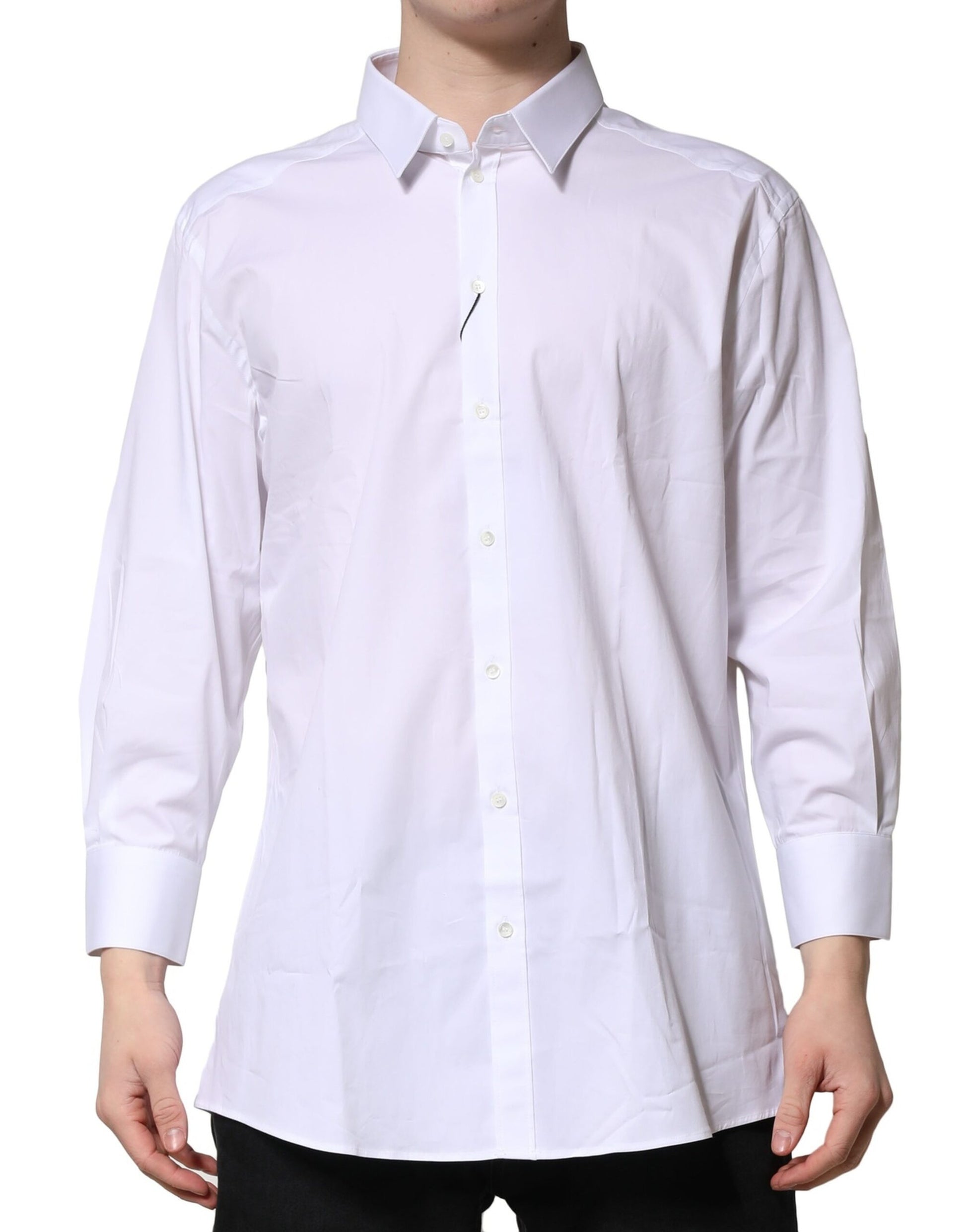 A long sleeve dress shirt with a white and gold patterned design