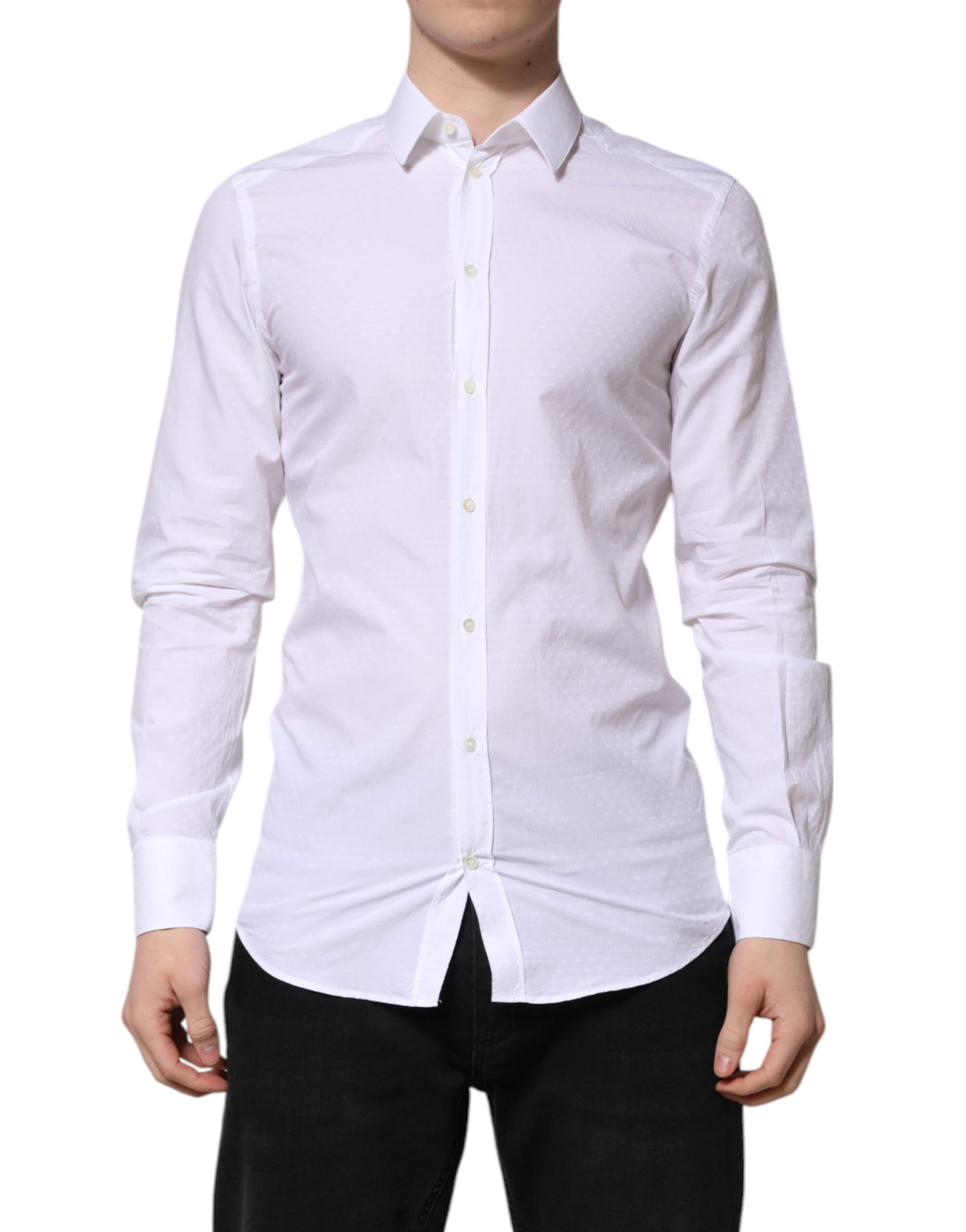 A long sleeve dress shirt with a white base and gold accents