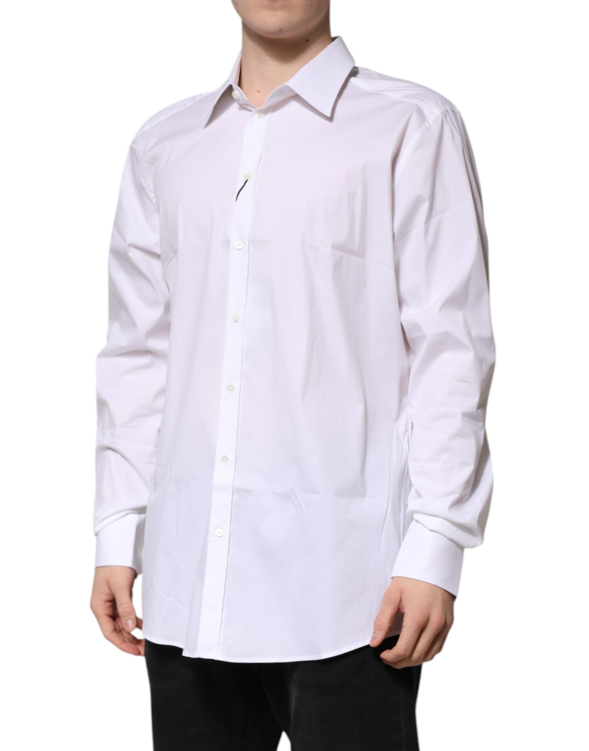 A long sleeved white dress shirt with gold accents, designed for men's formal wear