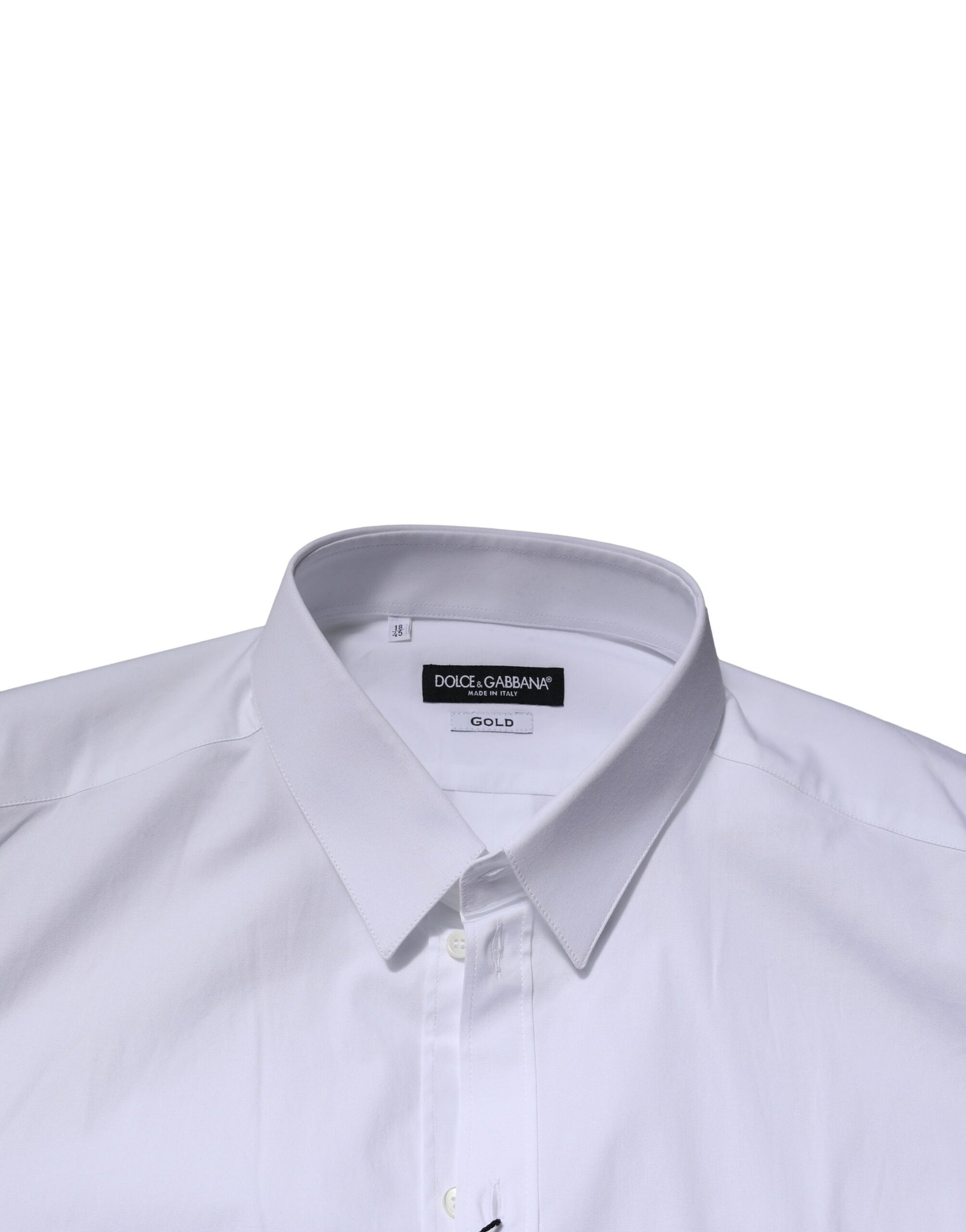 A long sleeve white dress shirt with gold accents, designed for men's formal wear