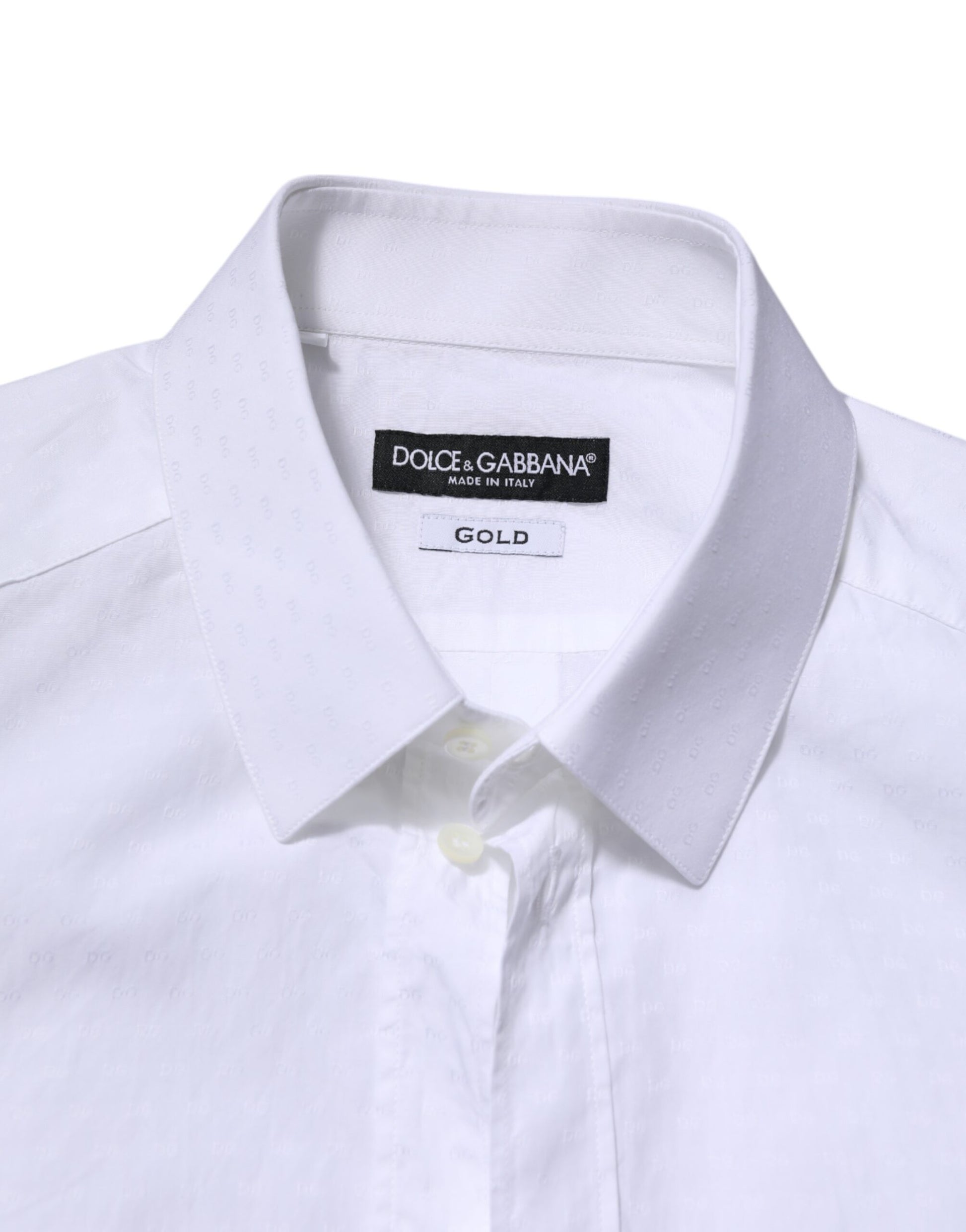 White long sleeve dress shirt with gold label