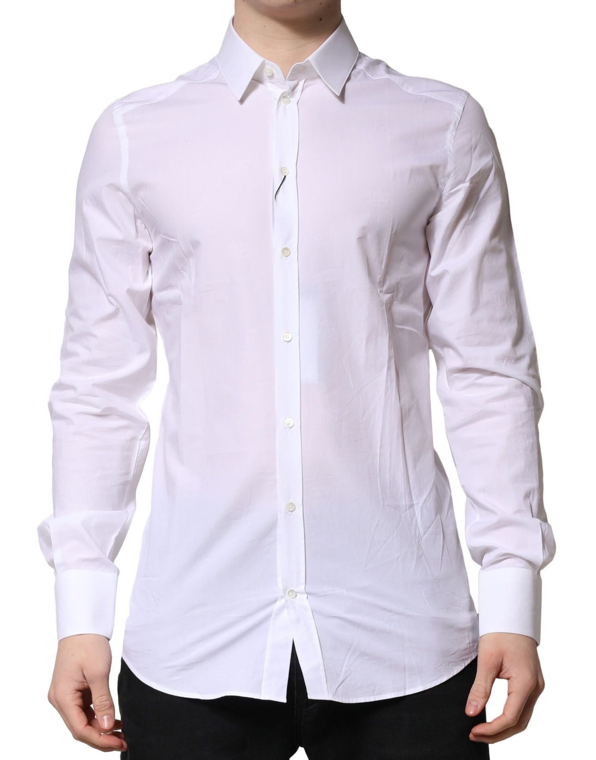 A long sleeve white shirt with gold accents, formal wear for men