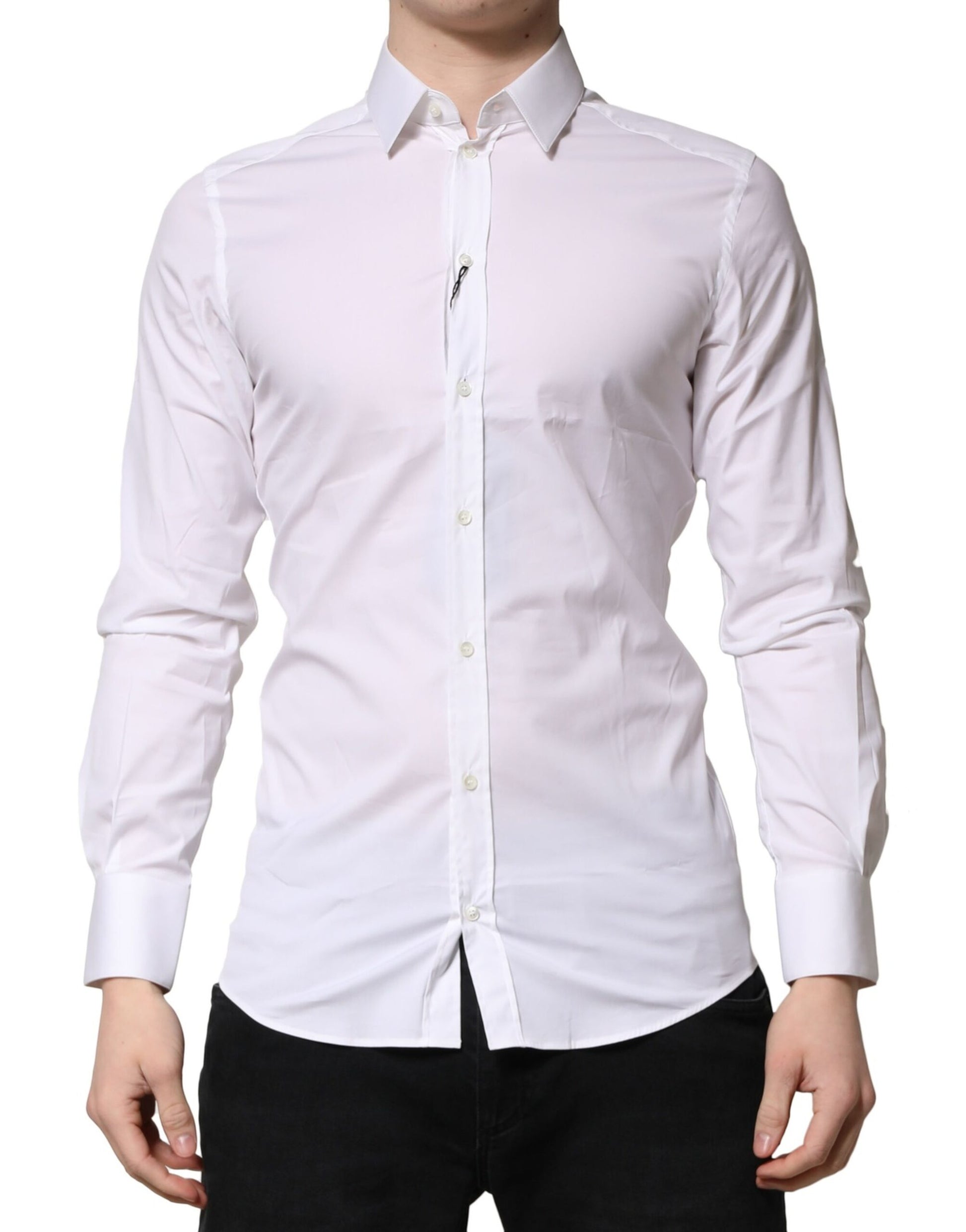 Men's white long sleeve dress shirt with gold accents, formal wear