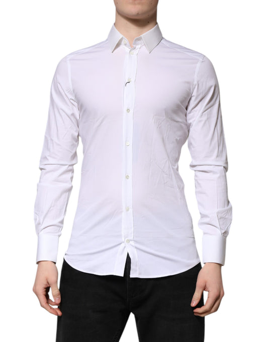 Men's white long sleeve dress shirt with gold accents, formal wear