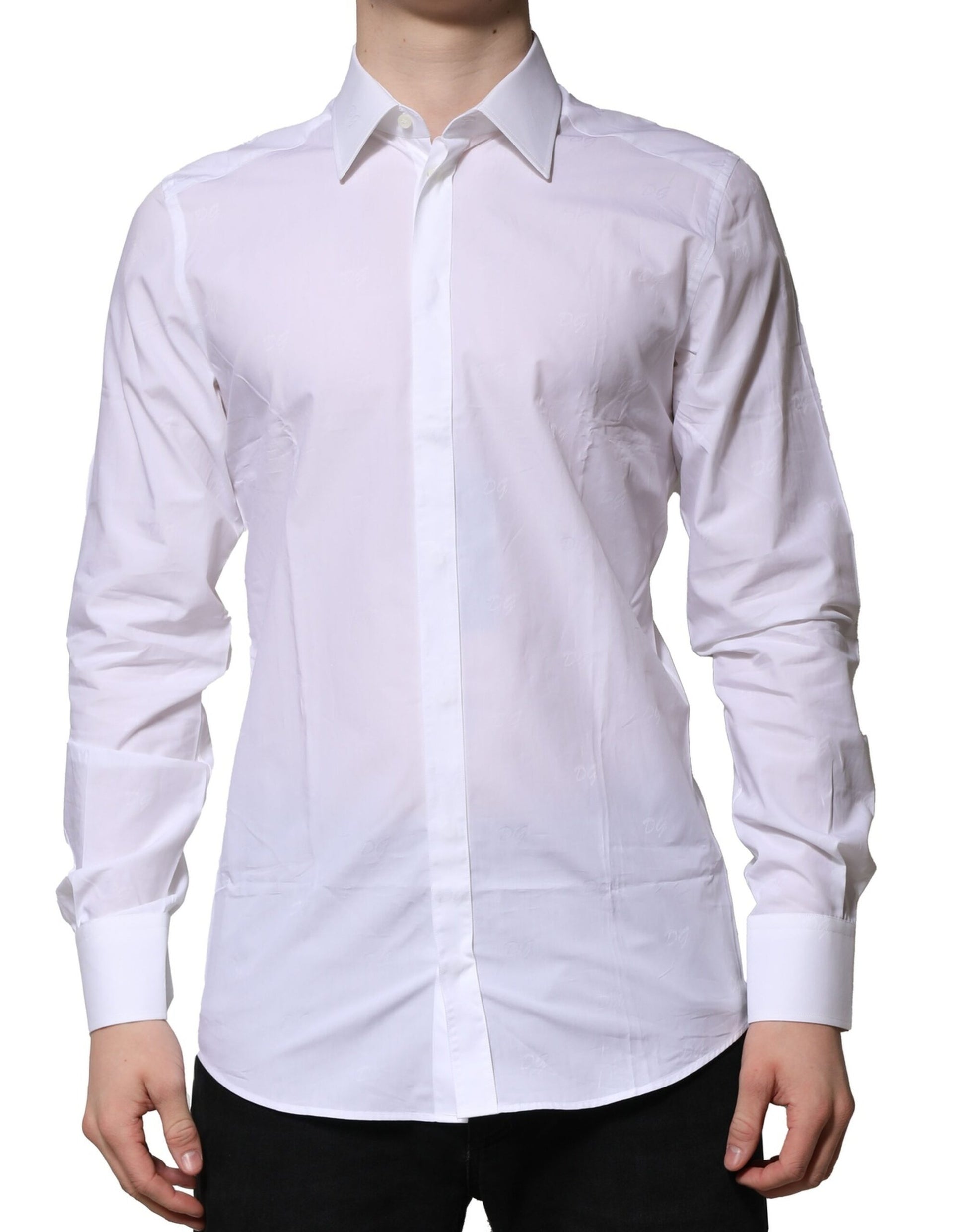A long sleeve white shirt with gold accents, part of a formal dress collection