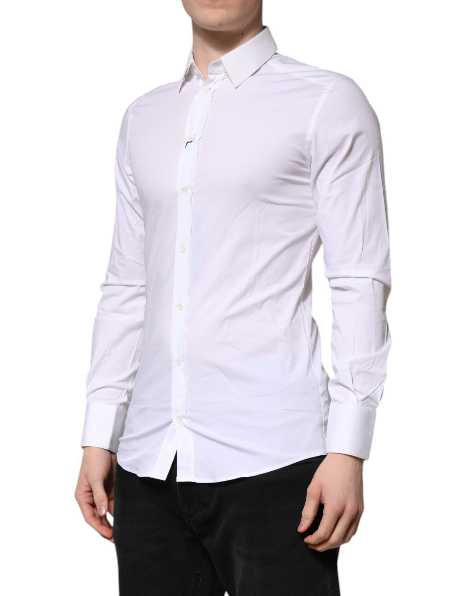 Men's white long sleeve dress shirt with gold accents, formal wear