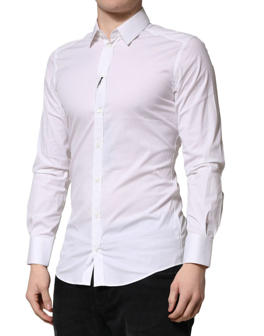 Men's long sleeve dress shirt with white and gold design, formal wear