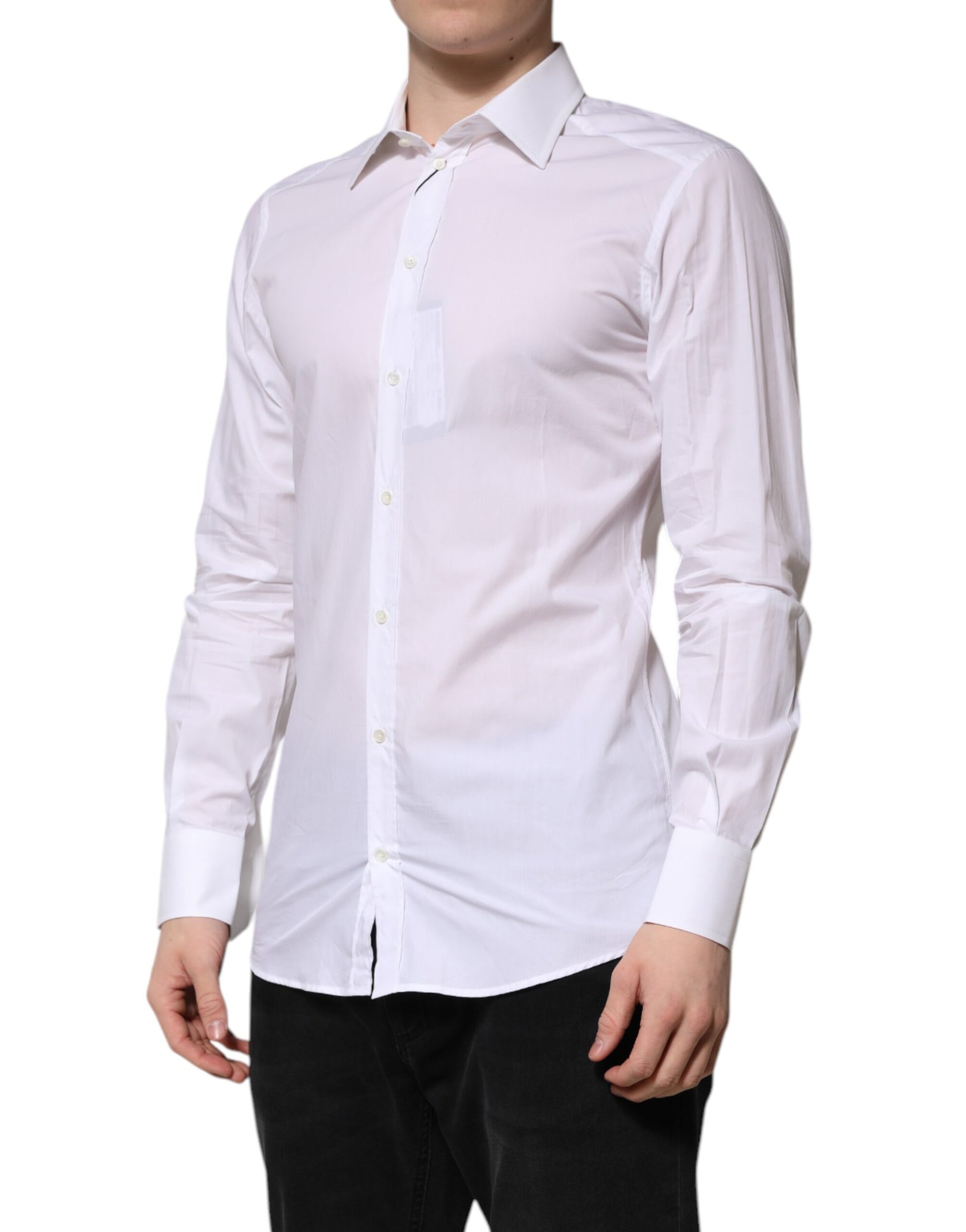 Men's white long sleeve dress shirt with gold accents, formal wear