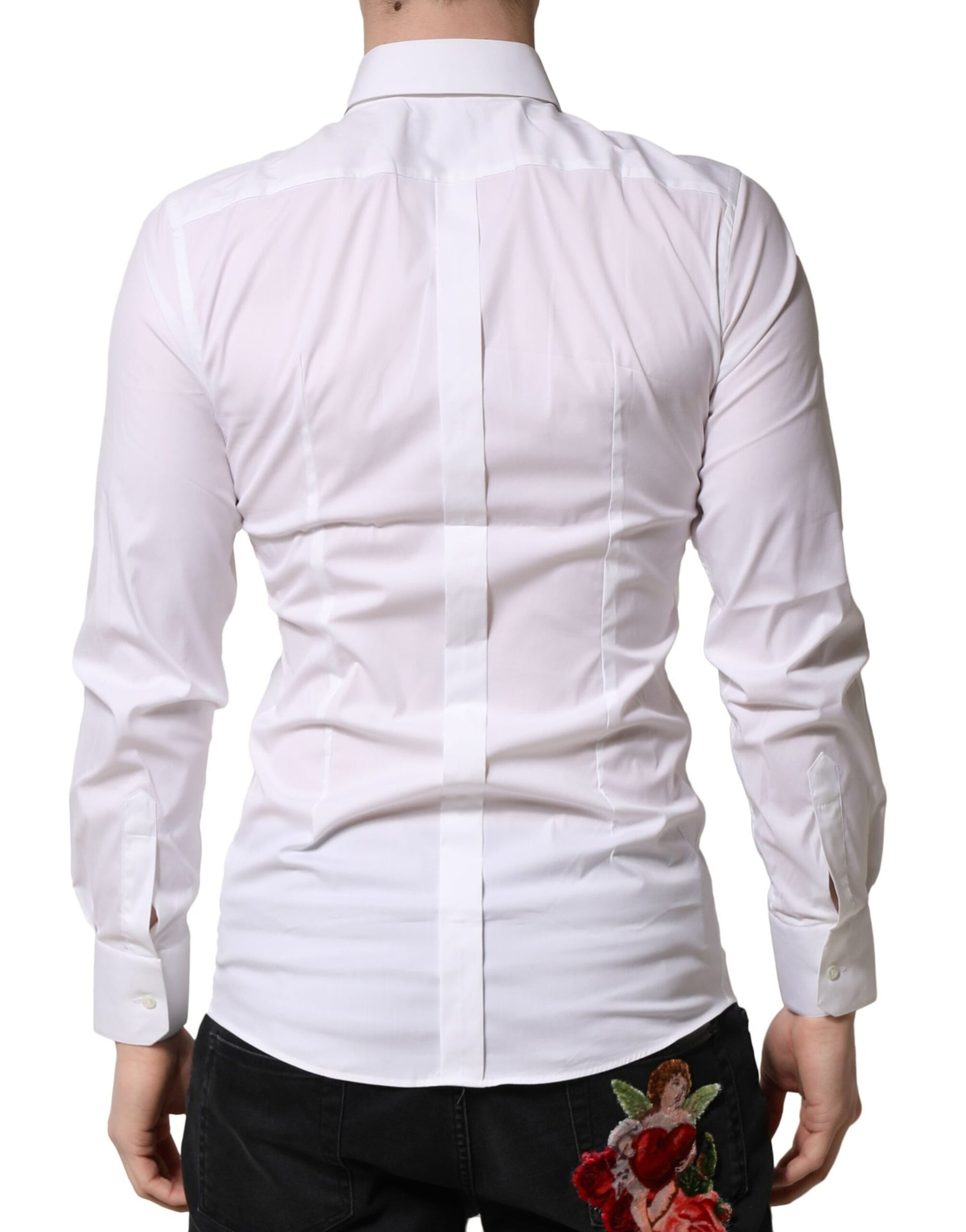 A white long sleeve dress shirt with gold accents from the brand Dolce & Gabbana