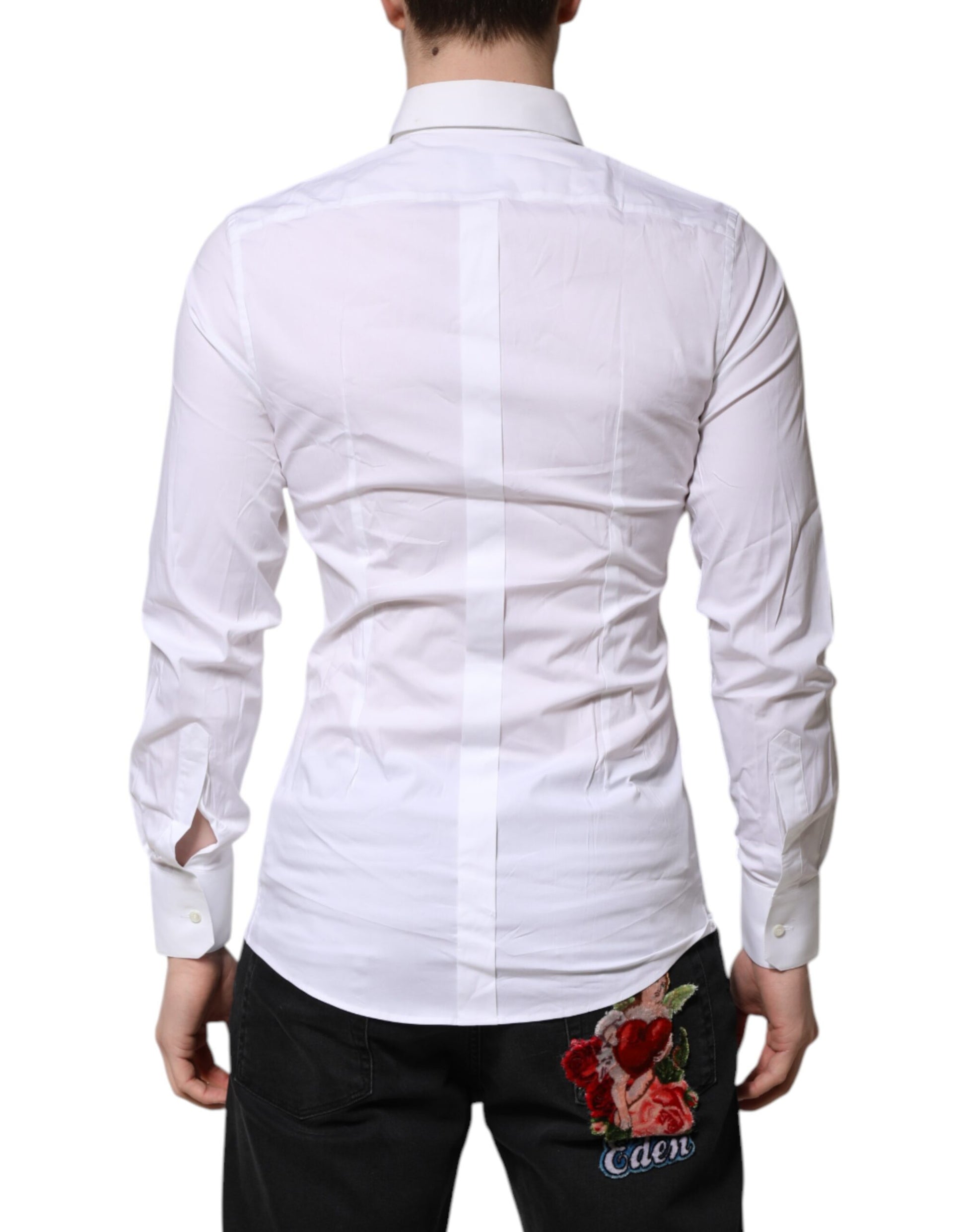 Men's formal shirt with white and gold stripes, long sleeves, and a rose embroidery on the back