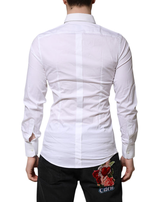Men's formal shirt with white and gold stripes, long sleeves, and a rose embroidery on the back