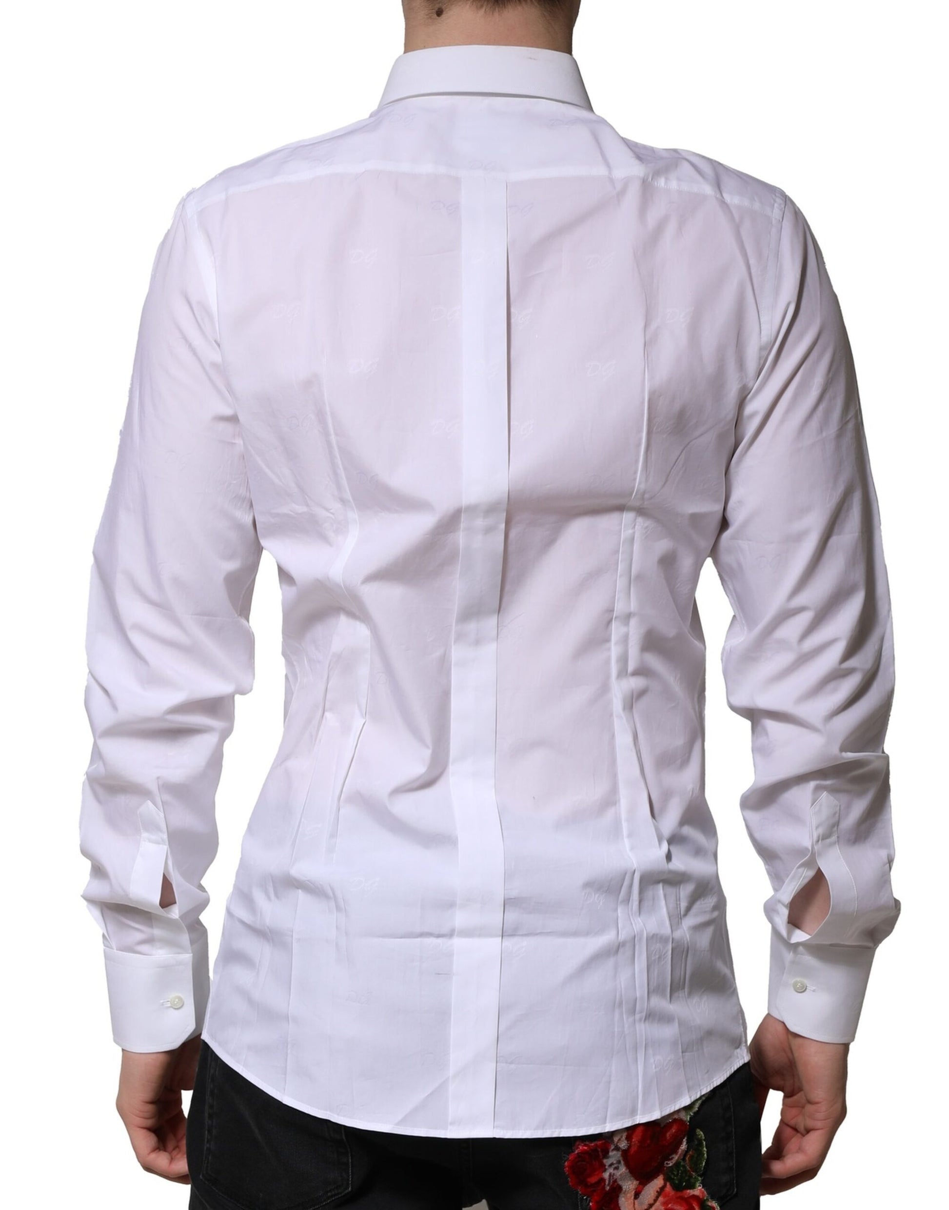 A long sleeve white dress shirt with gold accents, designed by Dolce & Gabbana
