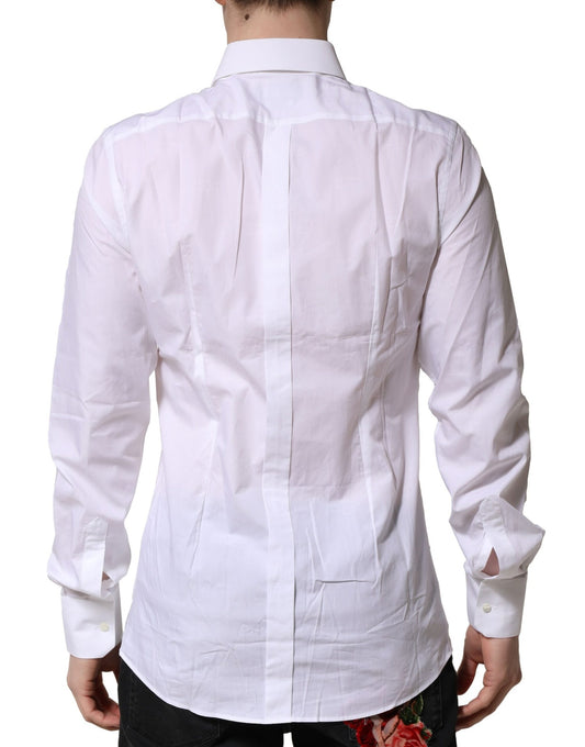 A long sleeve dress shirt with a white base and gold accents, designed by Dolce & Gabbana