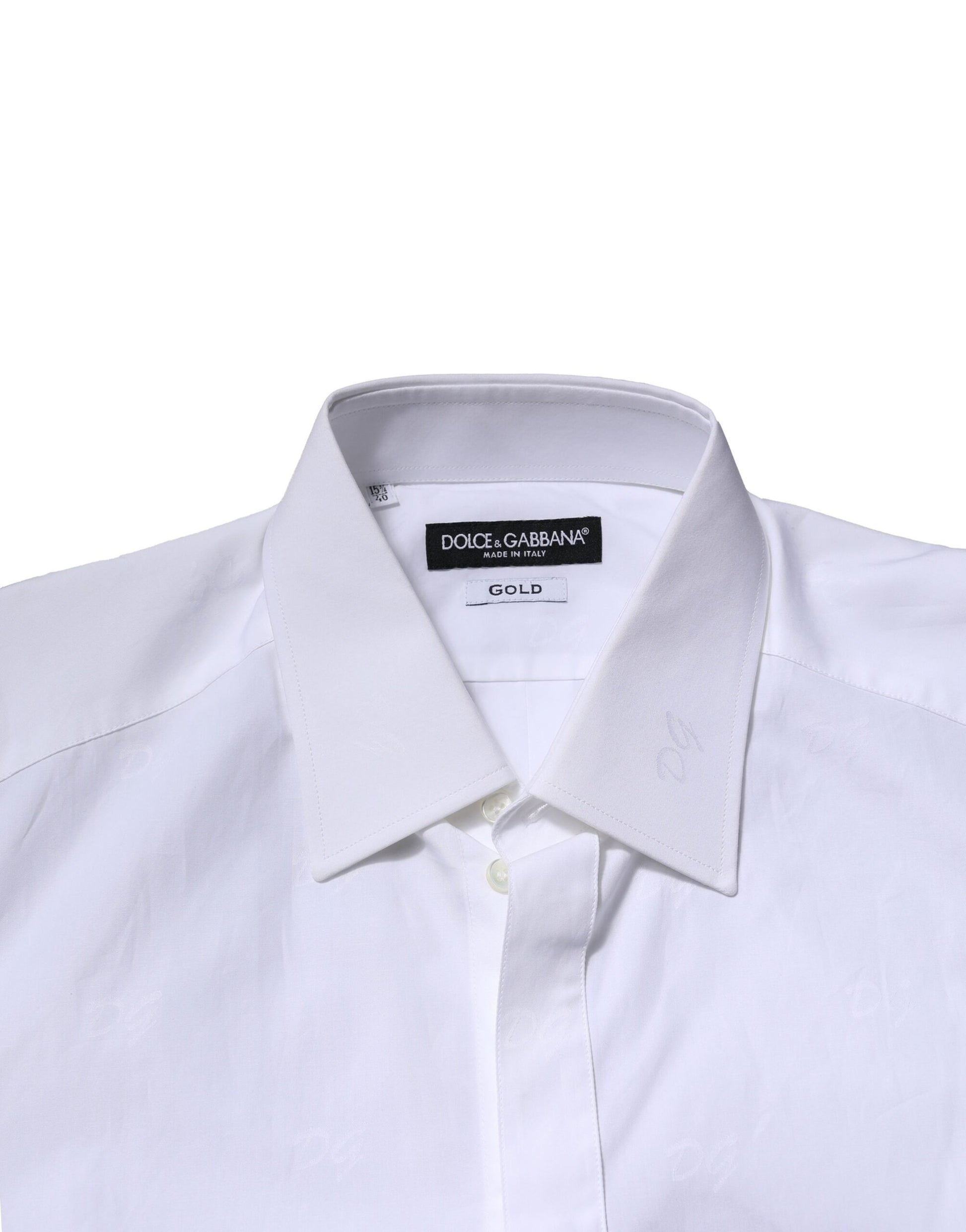 A white long sleeve dress shirt with a collar and gold accents