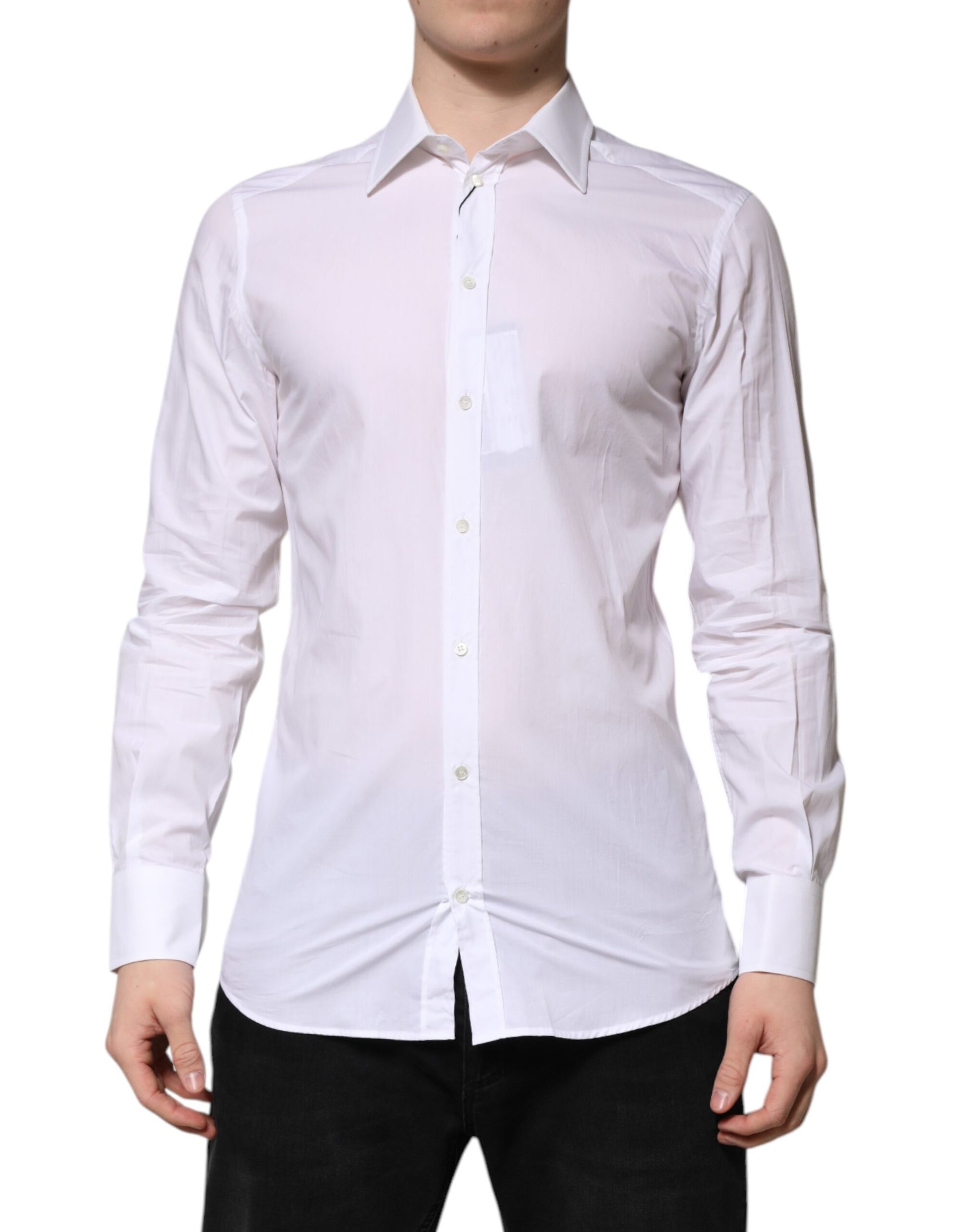 A long sleeve white dress shirt with gold accents, designed for men's formal wear