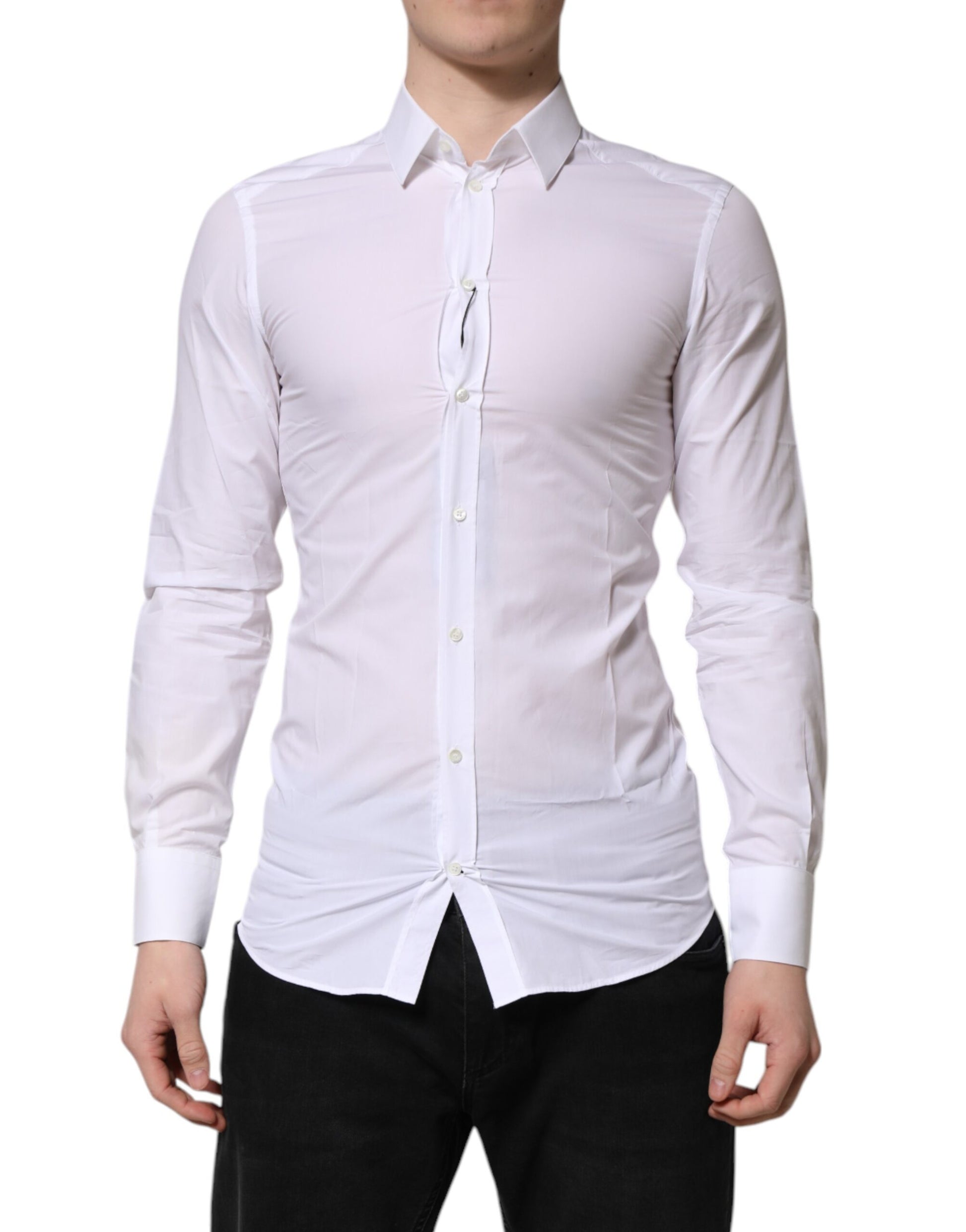 A white long sleeve dress shirt with a gold collar and cuffs