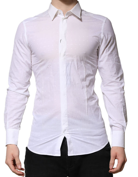 A long sleeve white shirt with gold accents, designed for men's formal wear