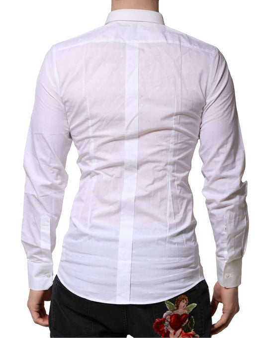 A white long sleeve dress shirt with gold accents, designed for men's formal wear