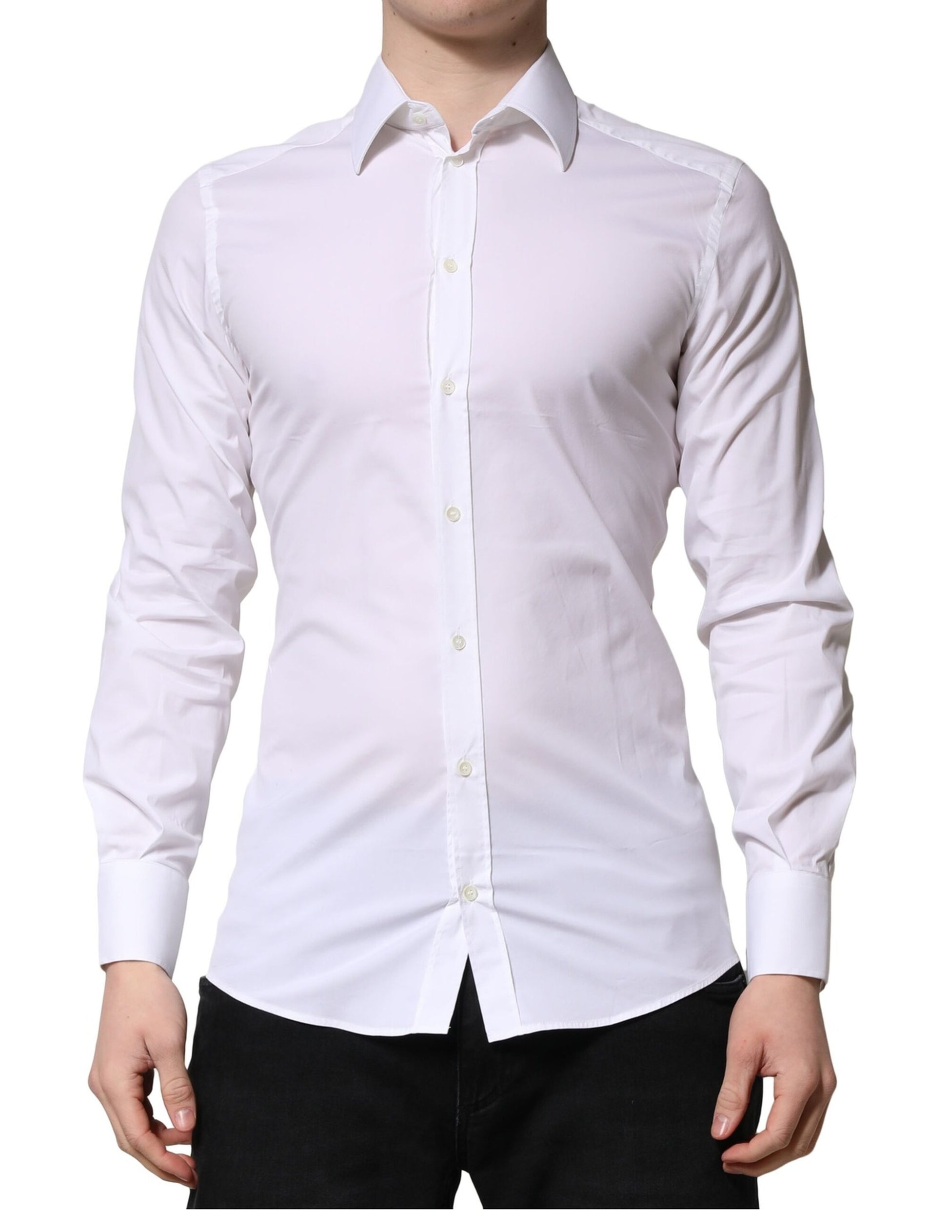 A white long sleeve dress shirt with gold accents, designed for men