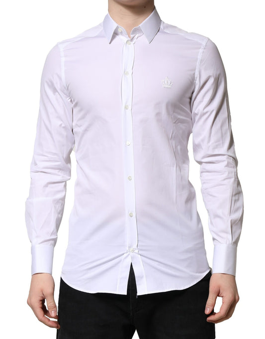 A long sleeve men's dress shirt with a white base and gold accents