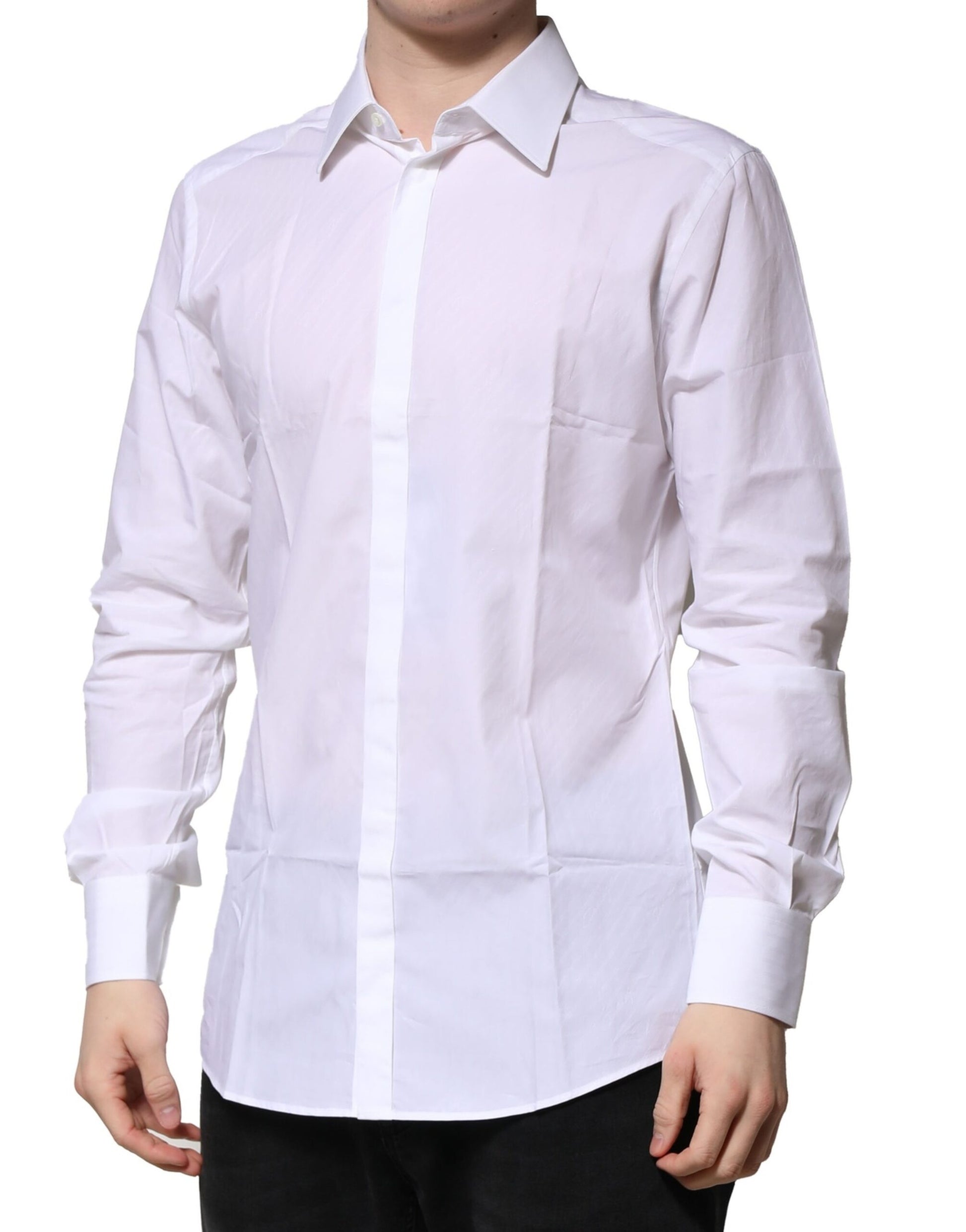 A long sleeve men's dress shirt with a white and gold color scheme