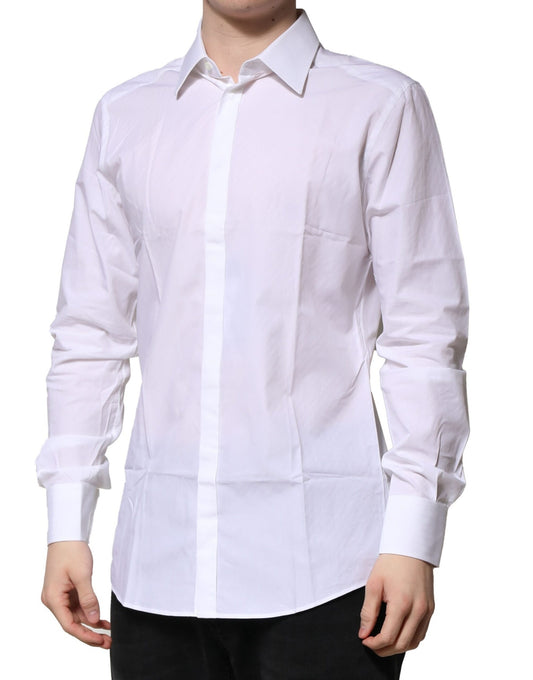 A long sleeve men's dress shirt with a white and gold color scheme