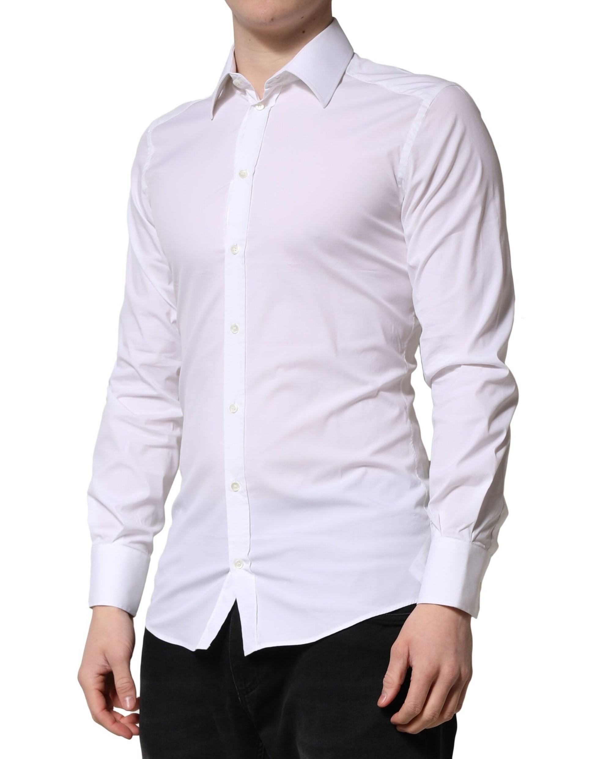 A long sleeve white dress shirt with gold accents, designed by Dolce & Gabbana