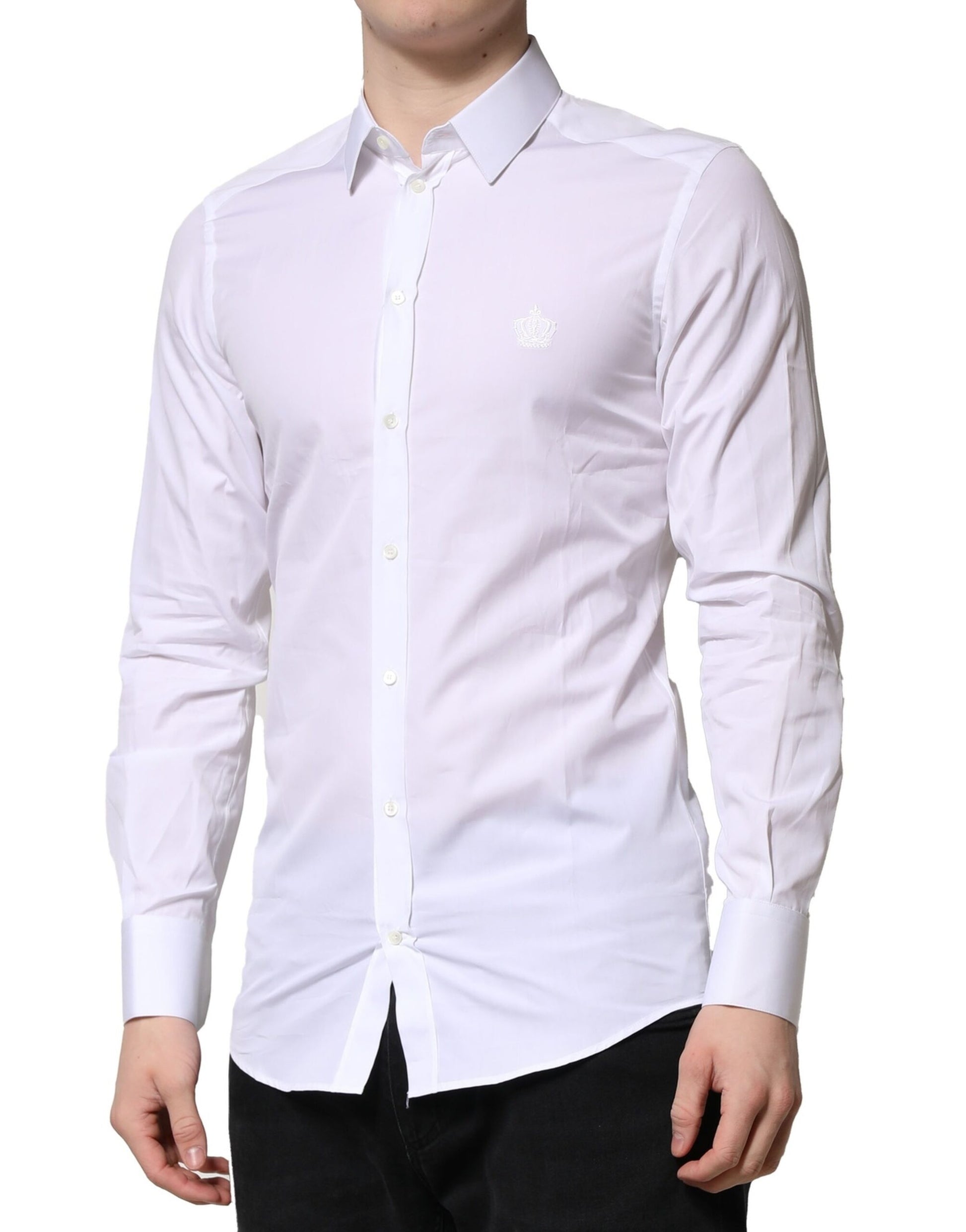 A long sleeve men's dress shirt with a white base color and gold accents