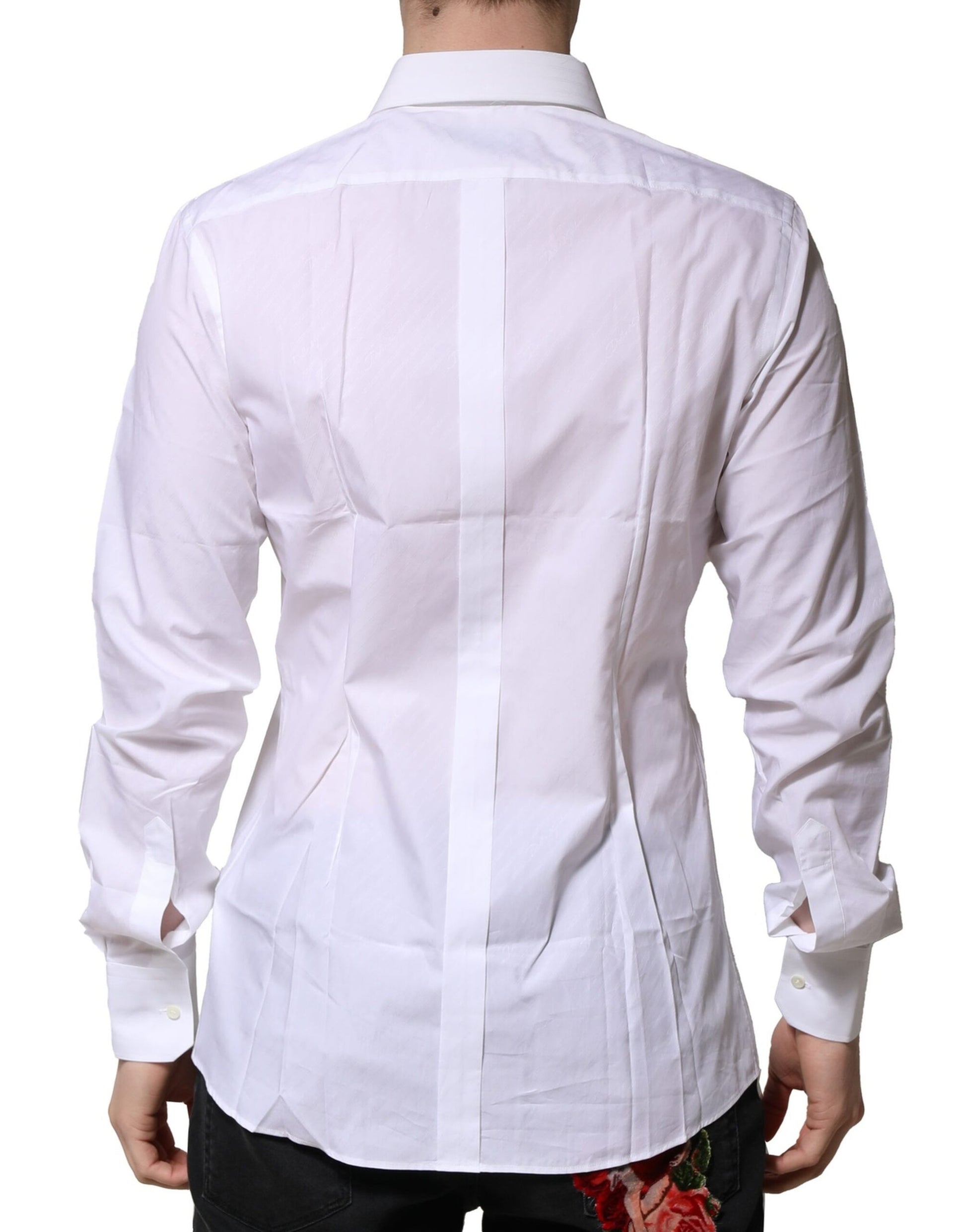 A long sleeve men's dress shirt with a white base and gold accents