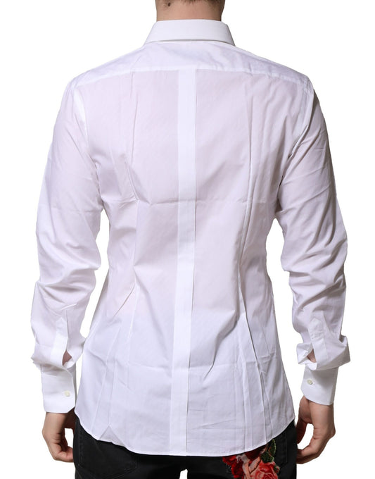 A long sleeve men's dress shirt with a white base and gold accents