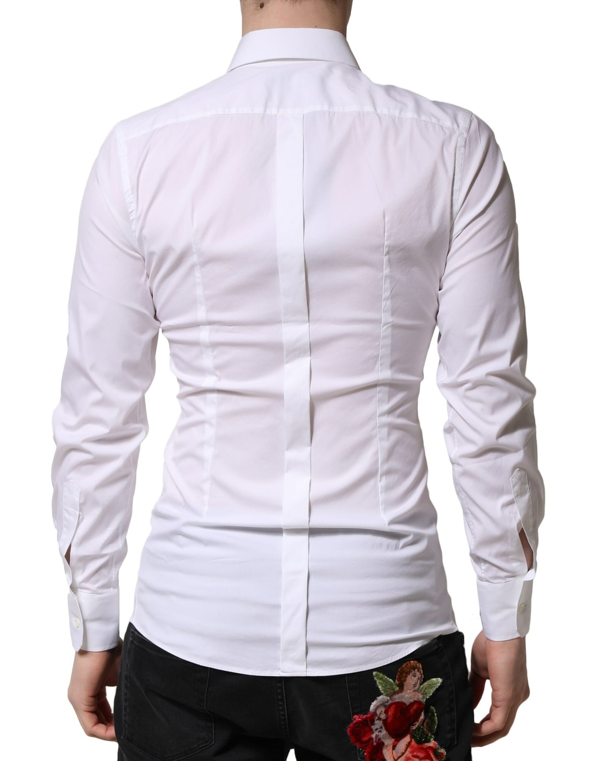 White long sleeve dress shirt with gold accents, formal wear for men