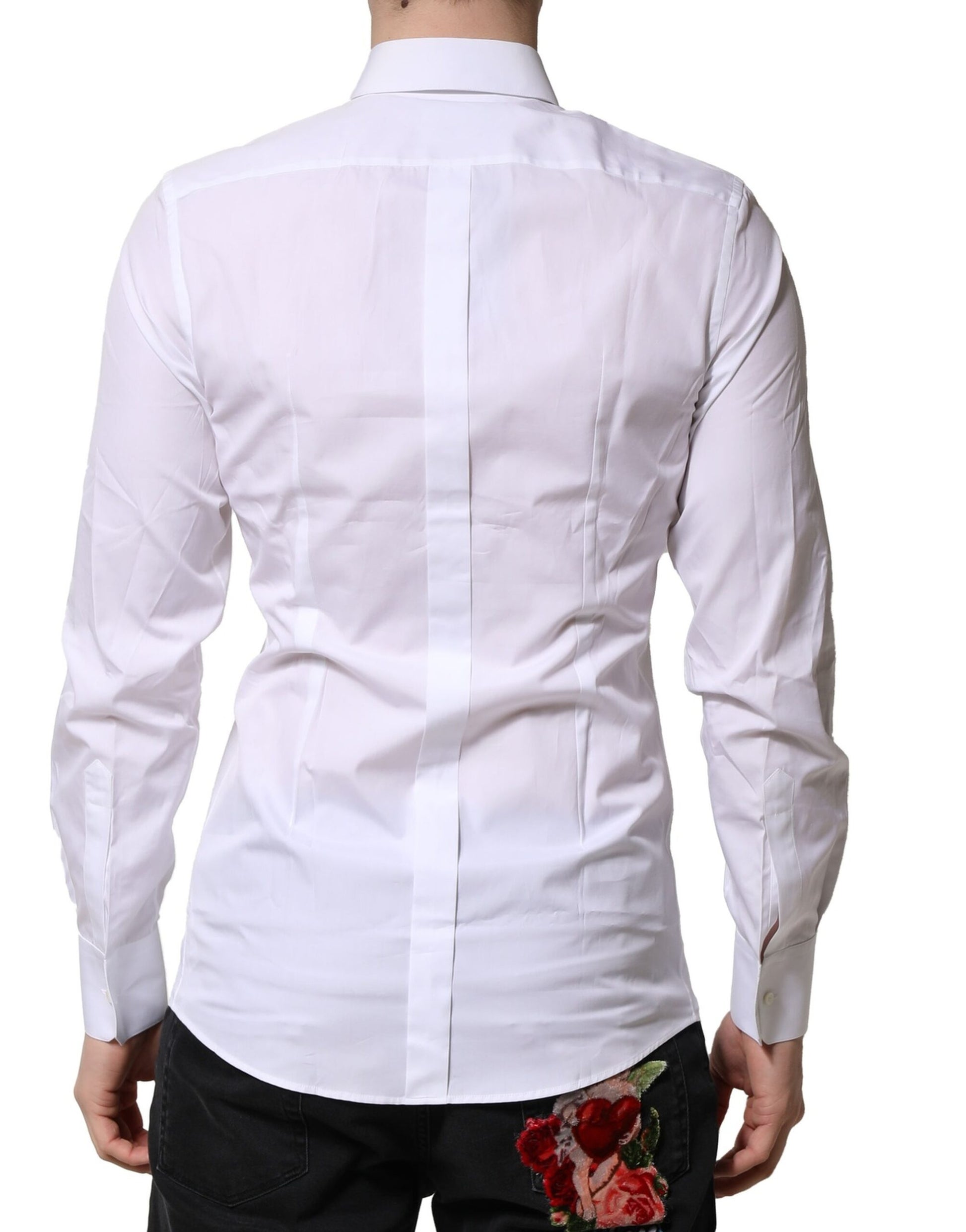A white long sleeve dress shirt with gold accents, featuring a collar and button-up front