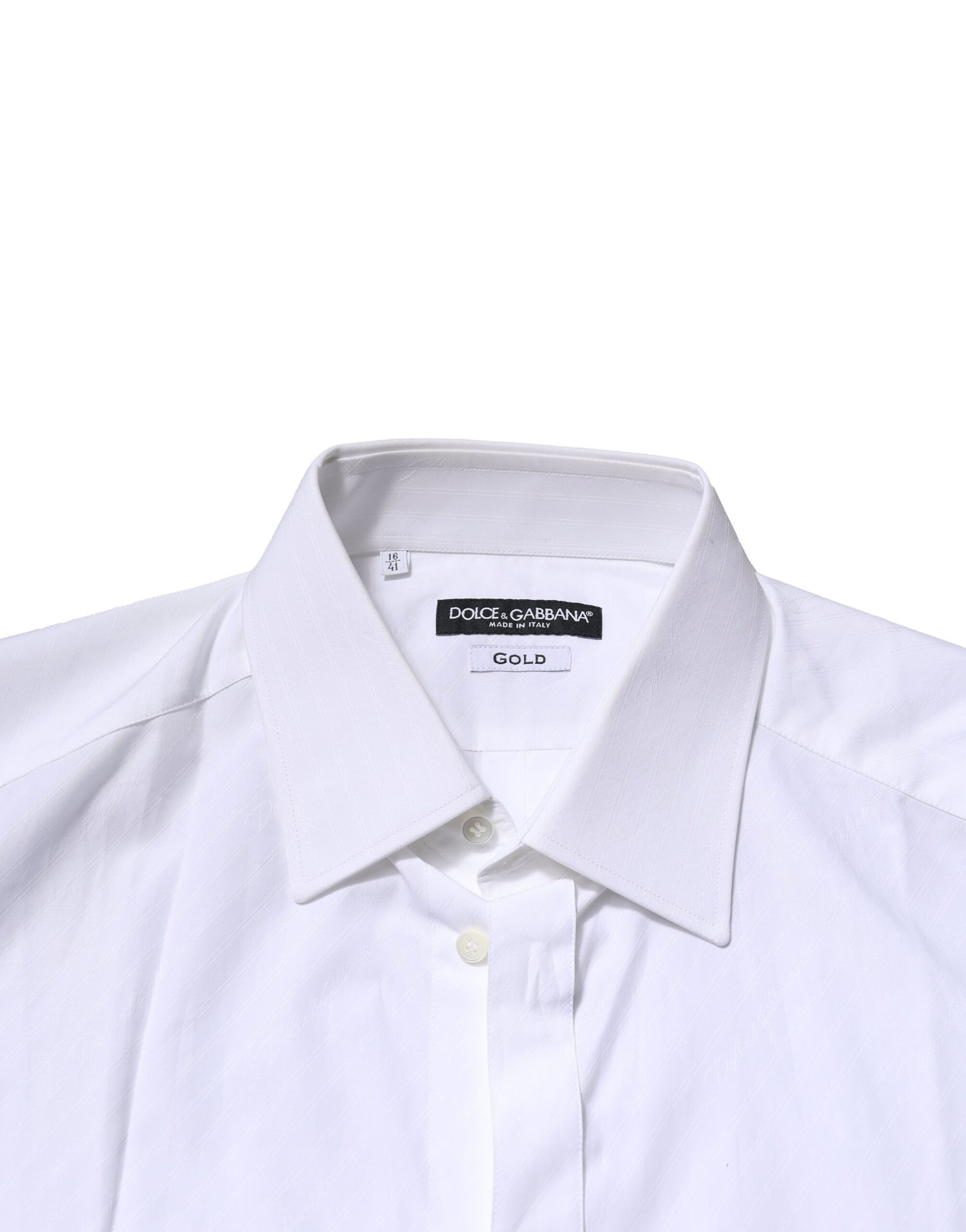 White long sleeve men's dress shirt with gold accents, from the brand Dolce & Gabbana