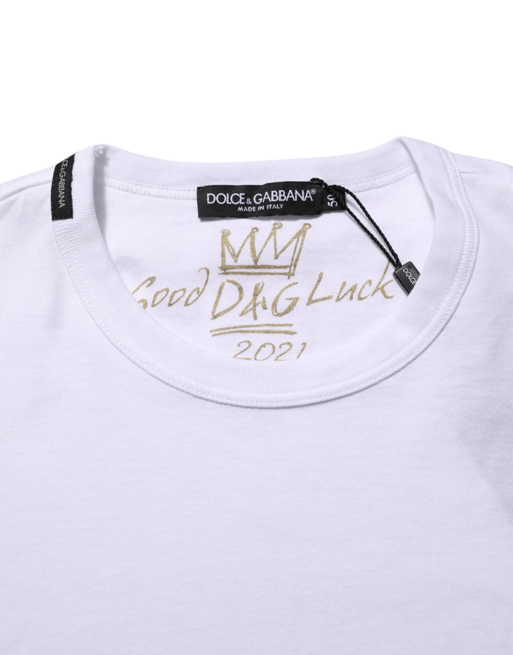 White t-shirt with gold lettering
