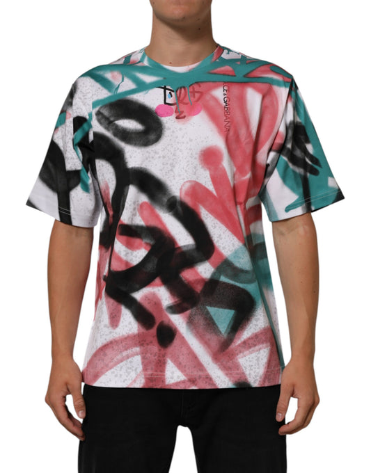 Man wearing a colorful t-shirt with graffiti design