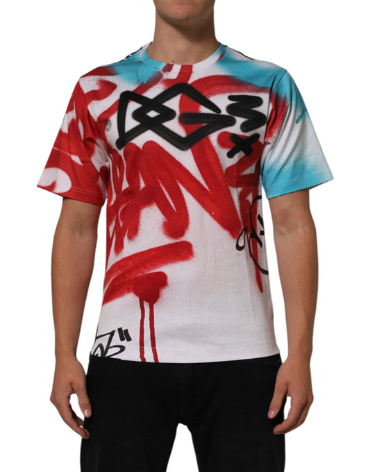 Man wearing tie dye shirt with graffiti style design