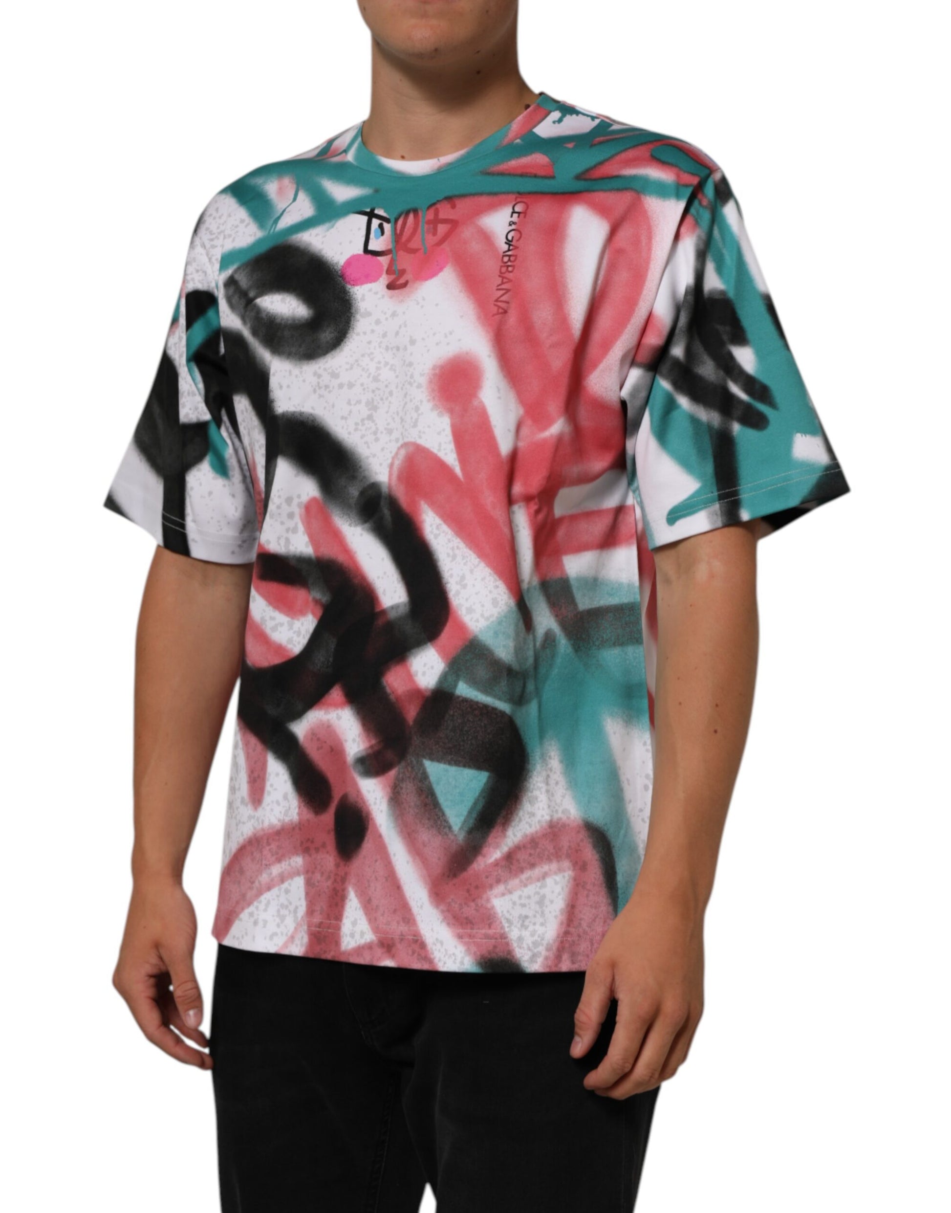 Man wearing a tie-dye shirt with graffiti design